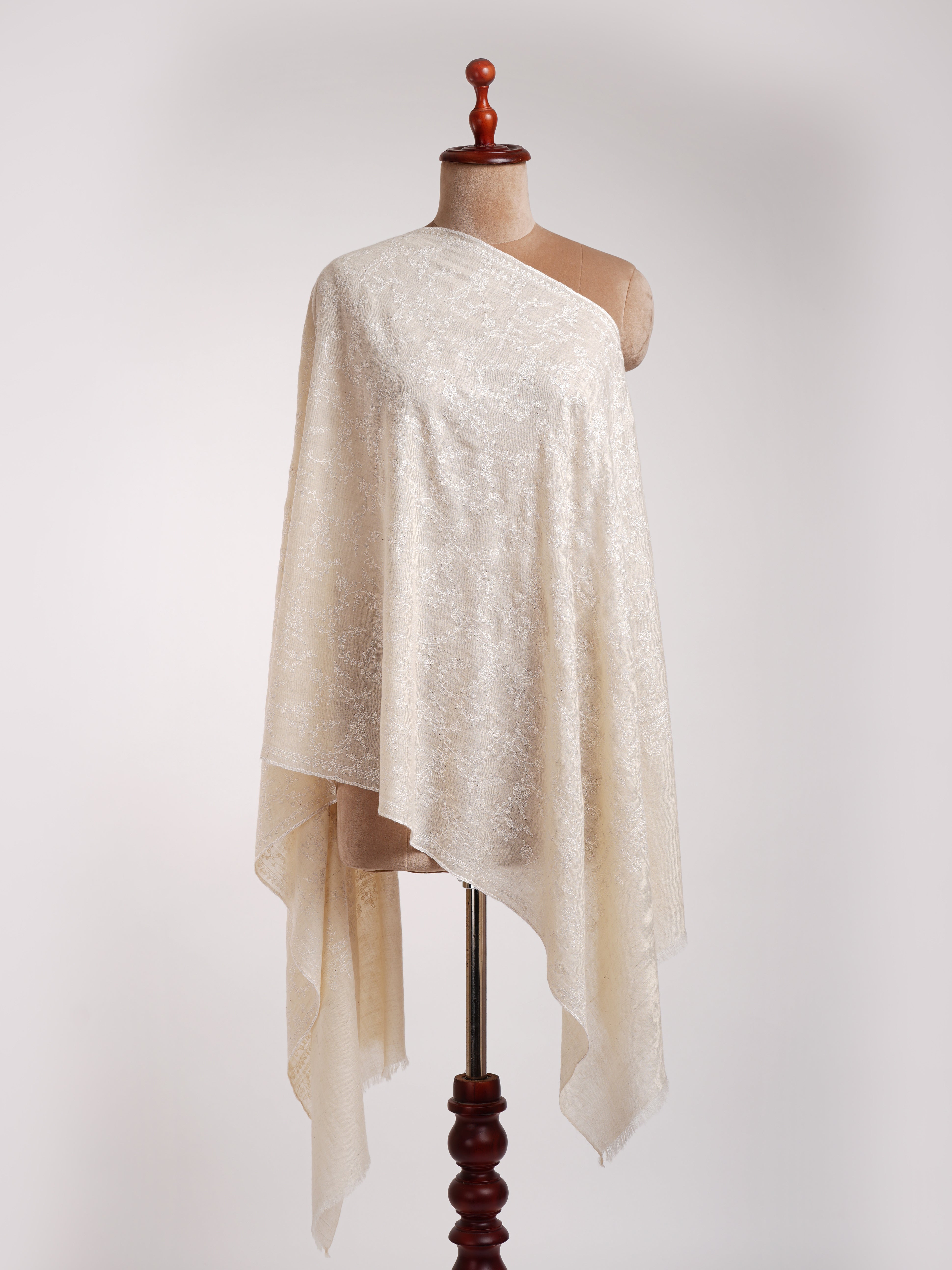 Ivory Cashmere Embroidered Scarf with White Embroidery. Shahkaar