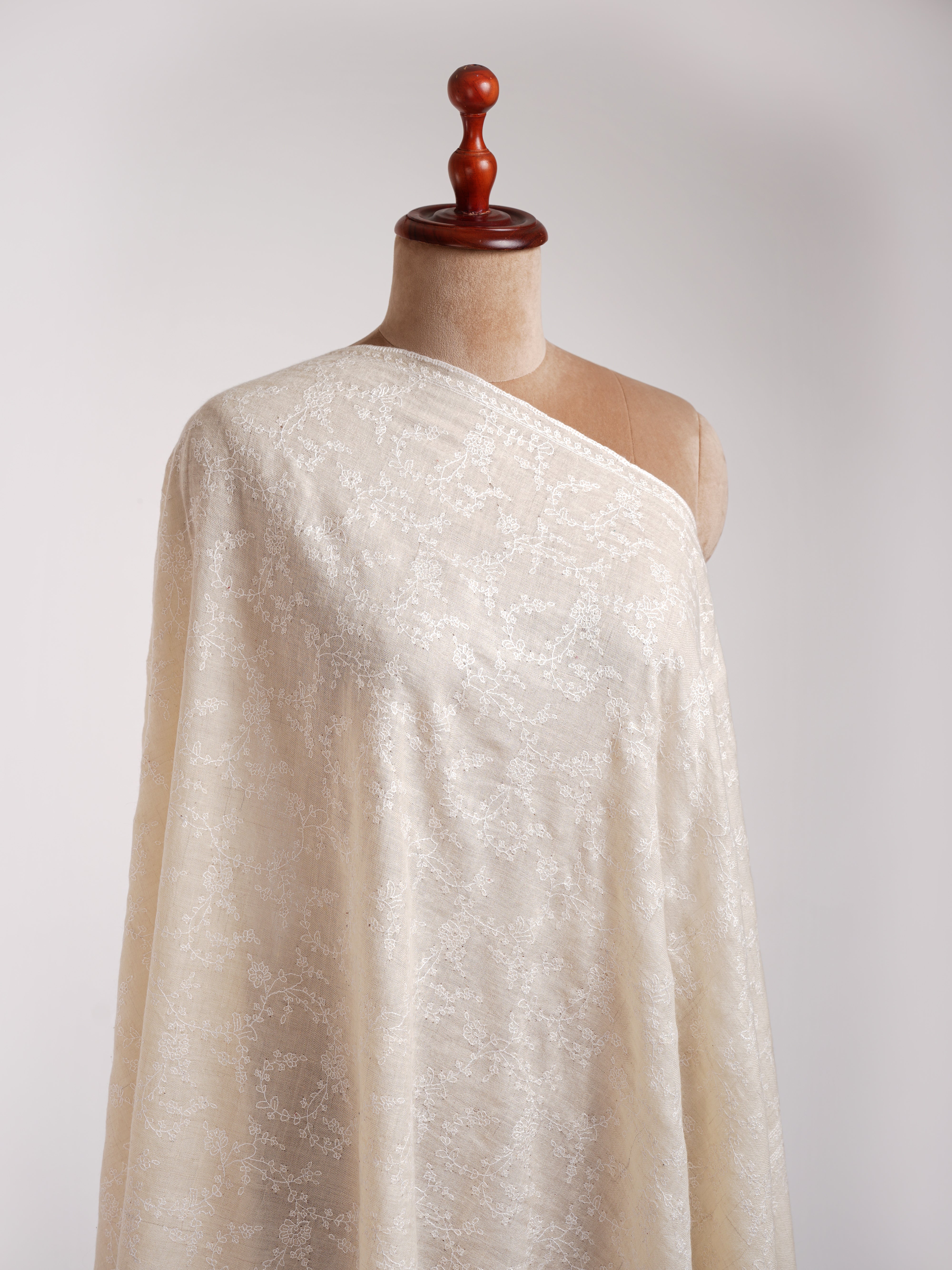 Ivory Cashmere Embroidered Scarf with White Embroidery. Shahkaar