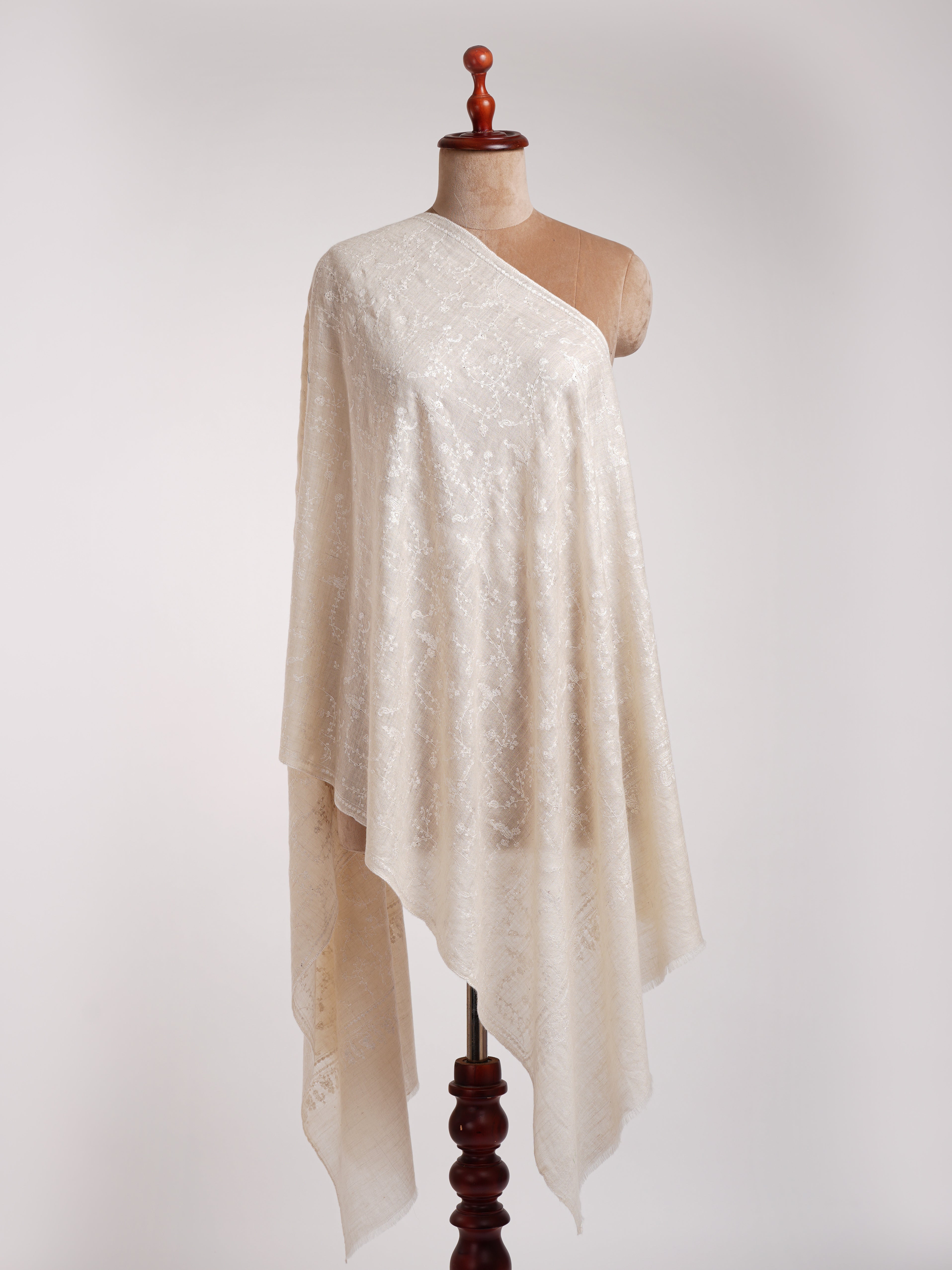 Ivory Cashmere Embroidered Scarf with White Embroidery. Shahkaar