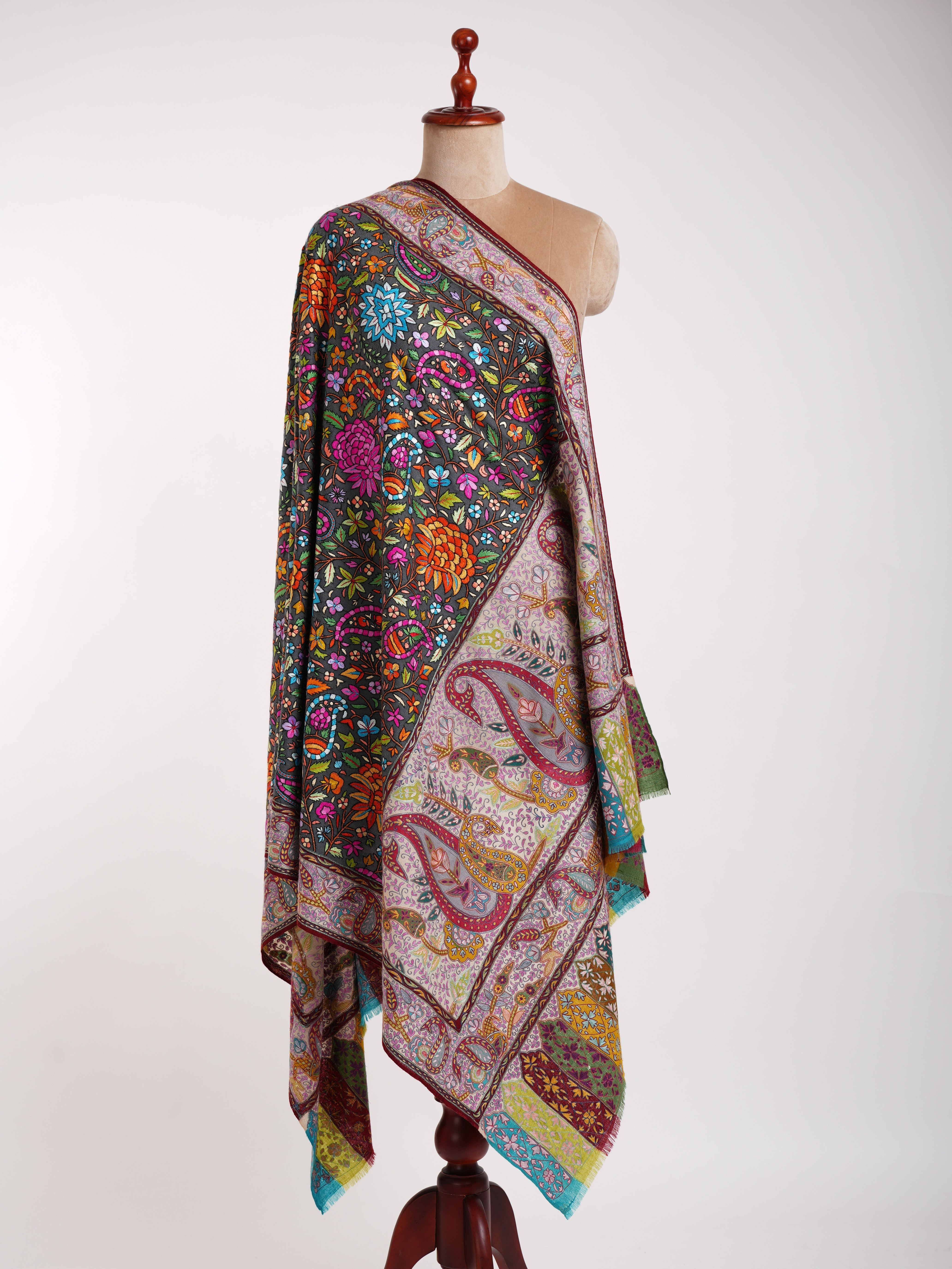 Kalamkari and Papier-mâché Fusion Pashmina Jamavar Shawl - Shahkaar