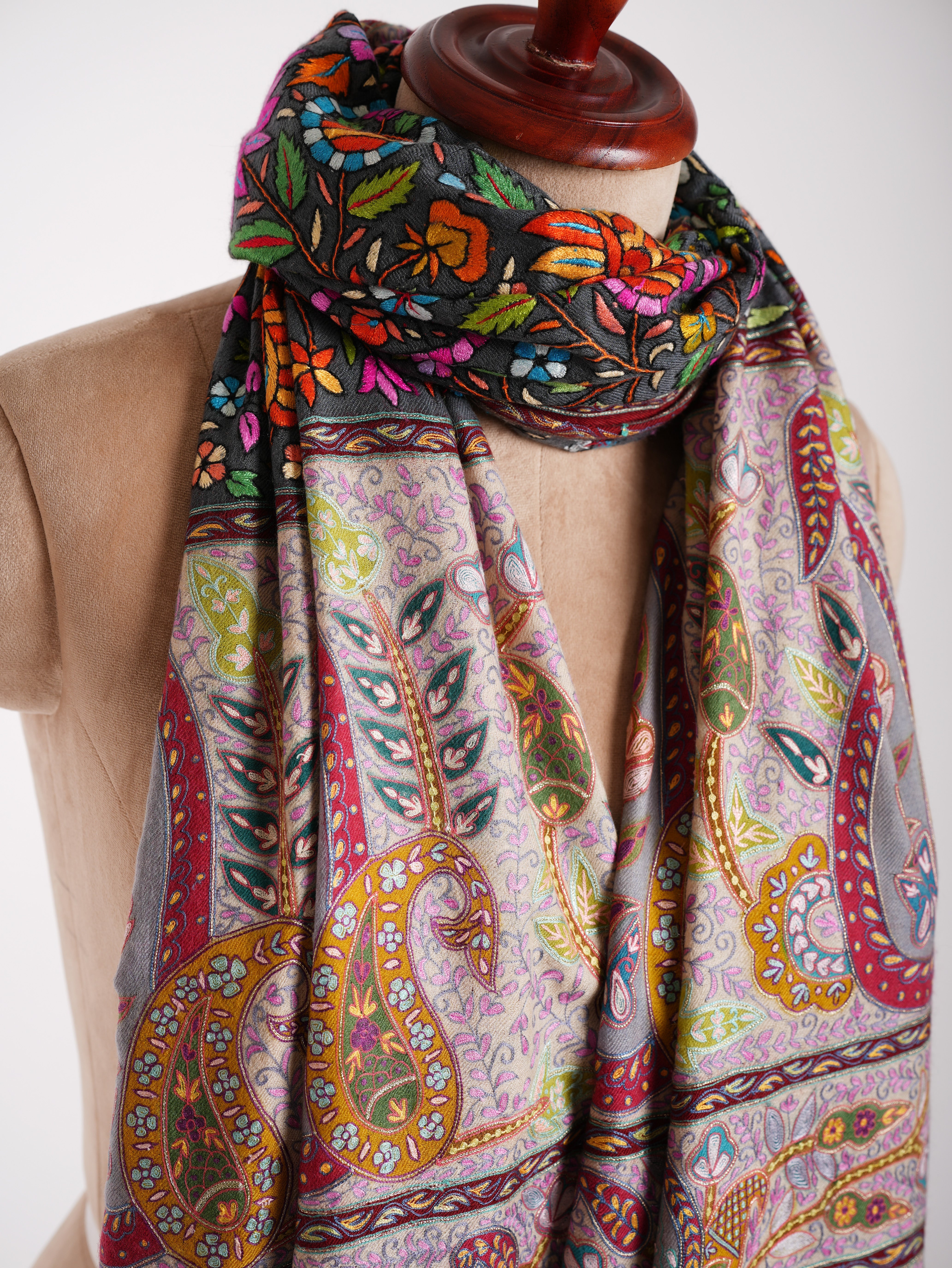 Kalamkari and Papier-mâché Fusion Pashmina Jamavar Shawl - Shahkaar