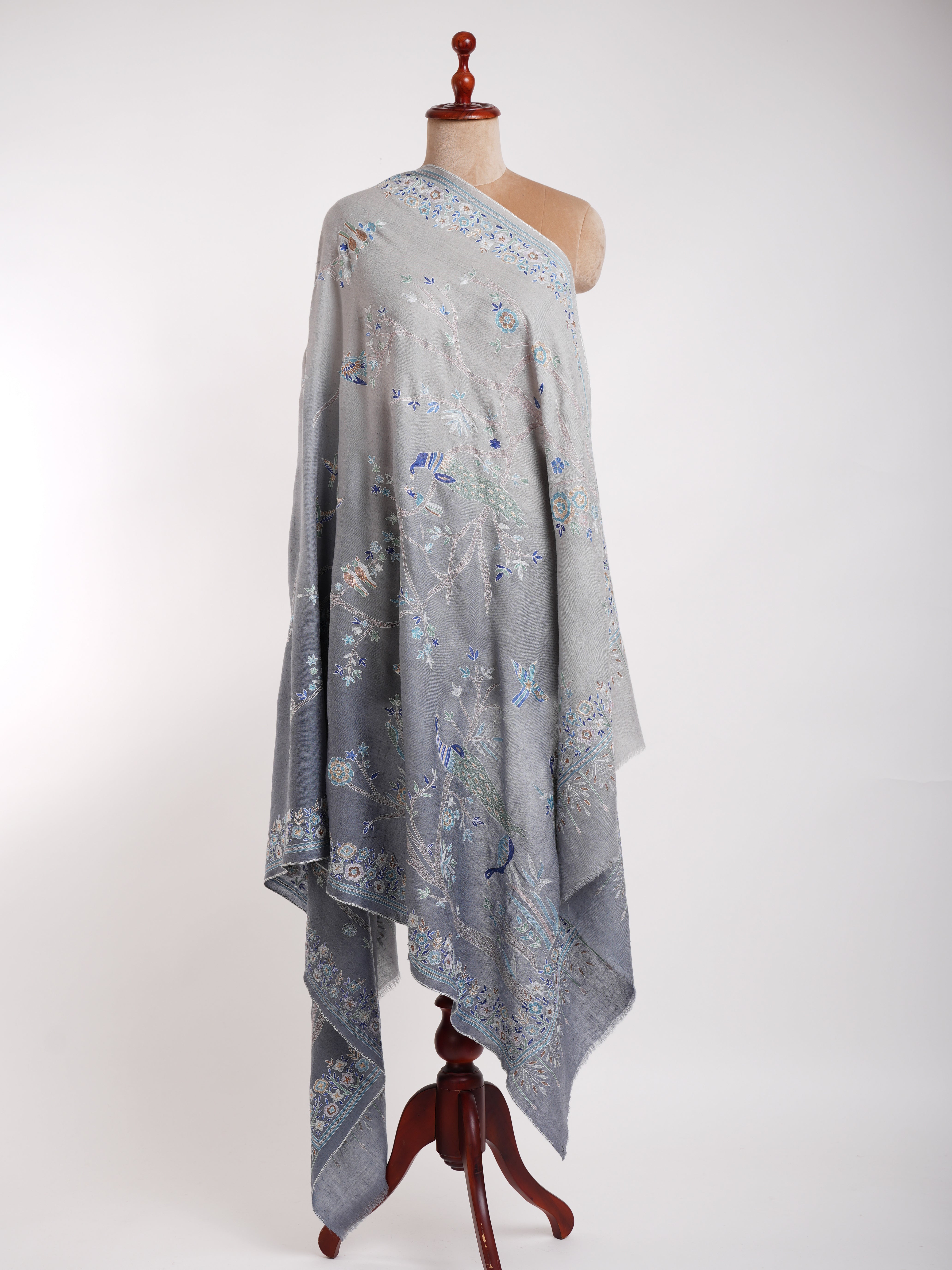 Hand Embroidered Tree of Peacock Pashmina Shawl Shahkaar