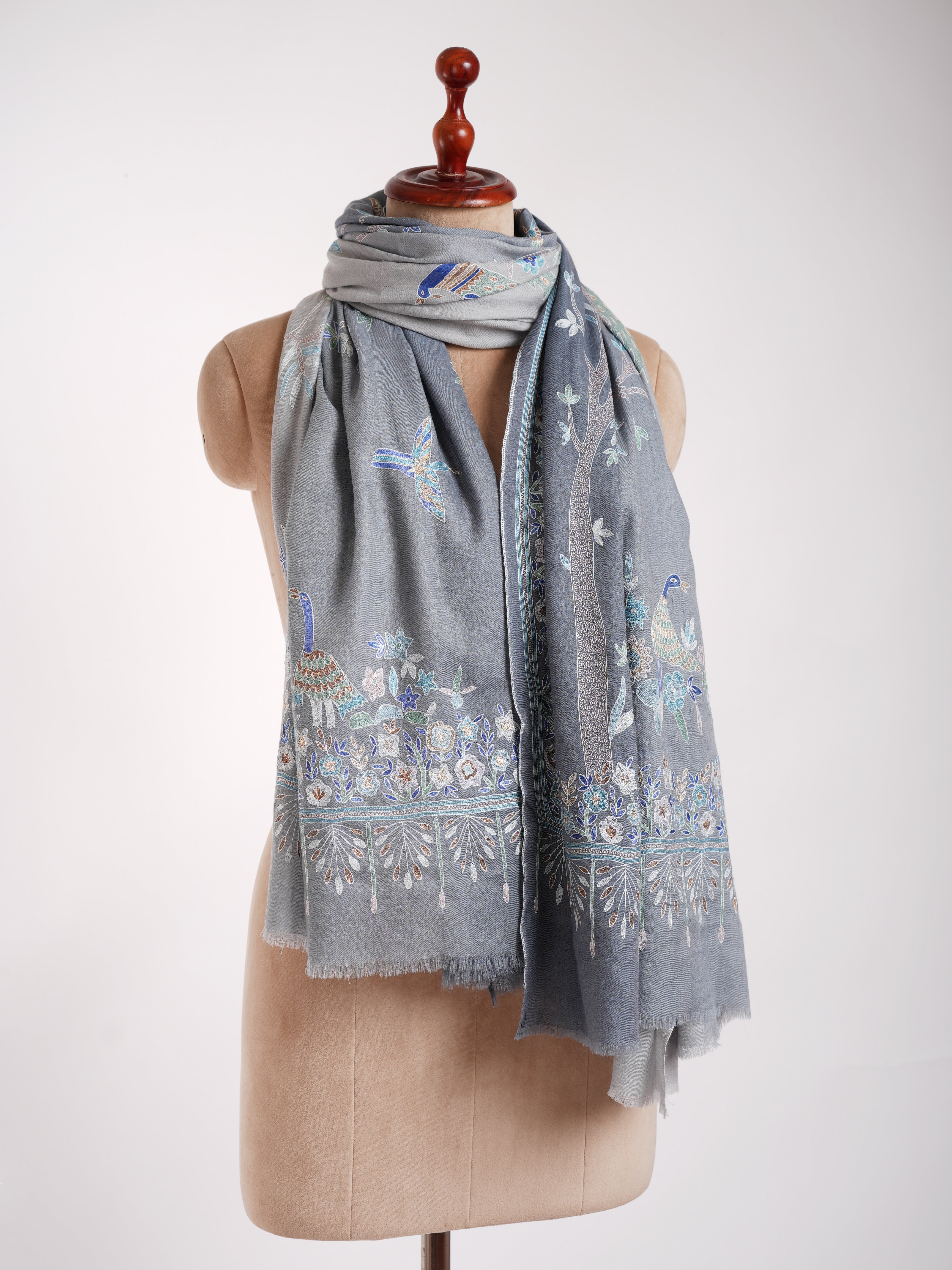 Hand Embroidered Tree of Peacock Pashmina Shawl Shahkaar