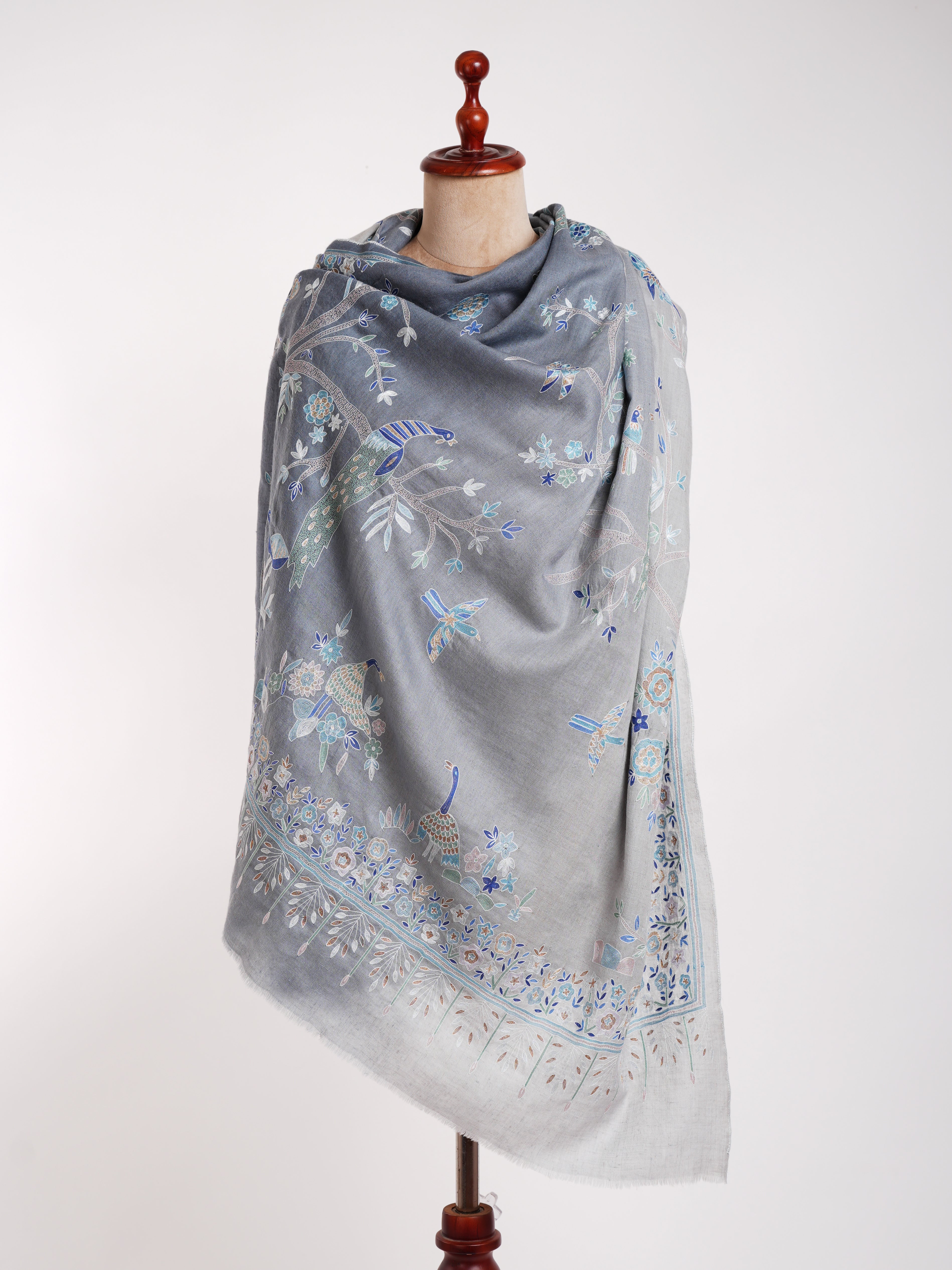 Hand Embroidered Tree of Peacock Pashmina Shawl Shahkaar