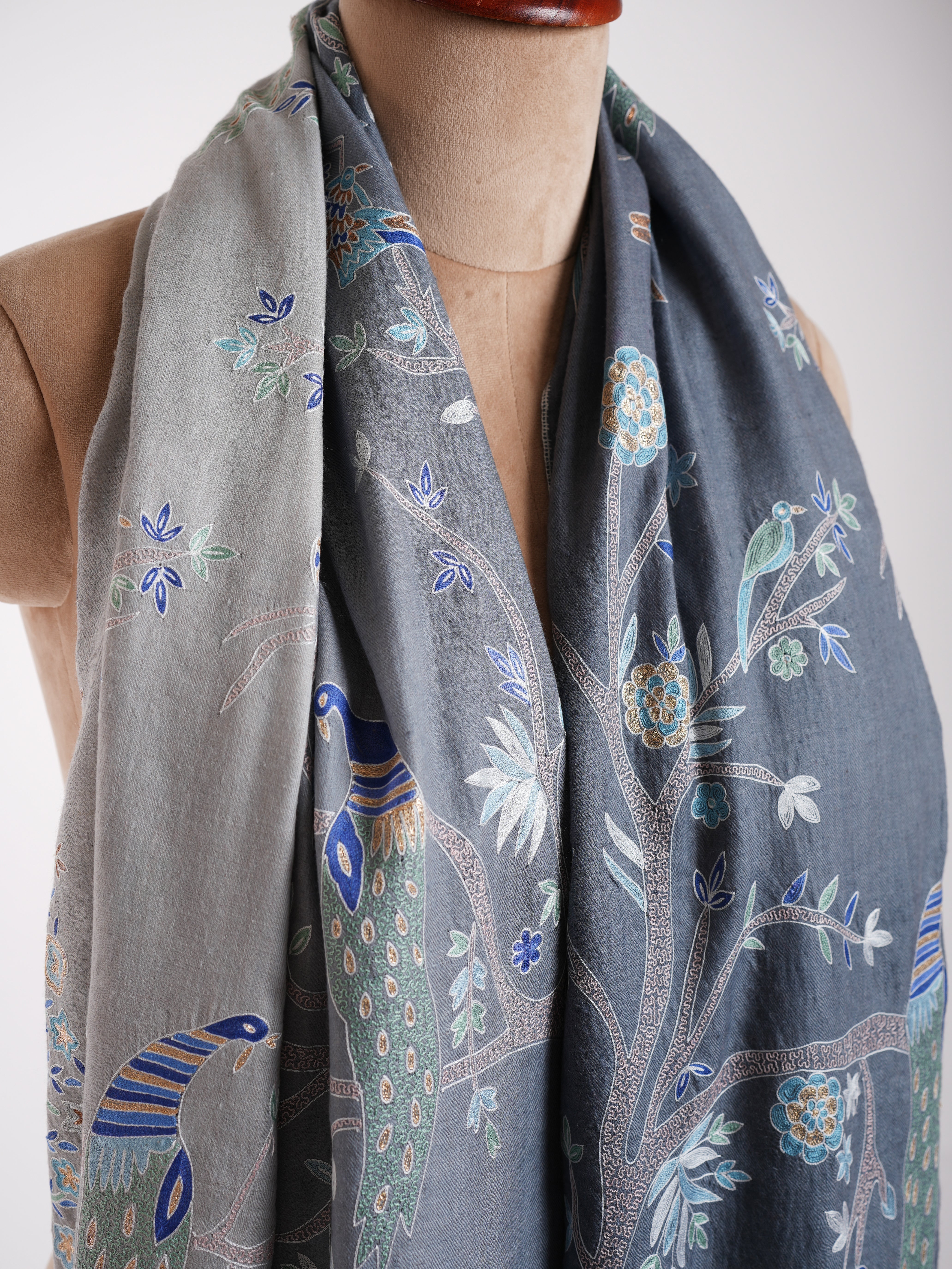 Hand Embroidered Tree of Peacock Pashmina Shawl Shahkaar