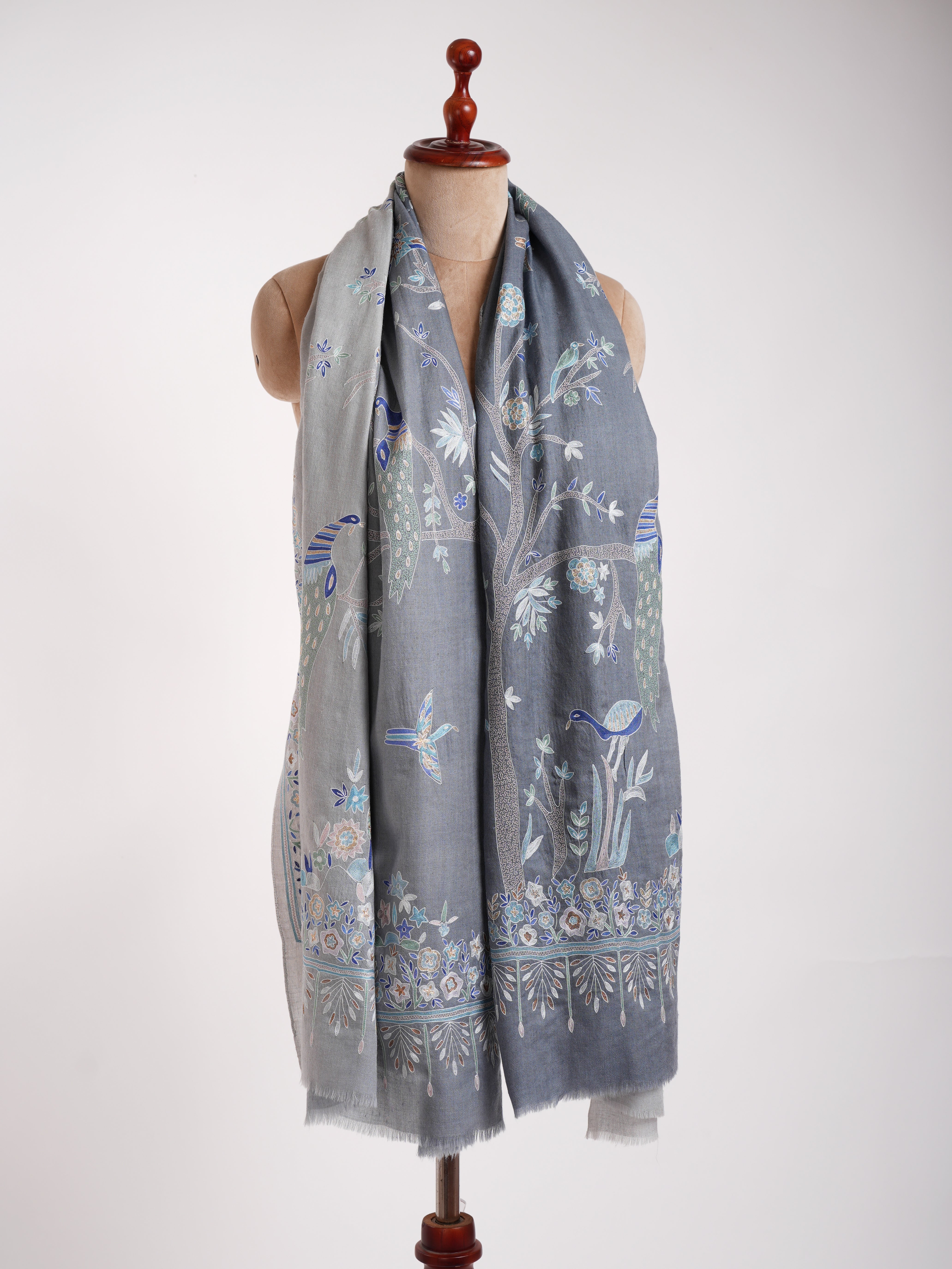 Hand Embroidered Tree of Peacock Pashmina Shawl Shahkaar