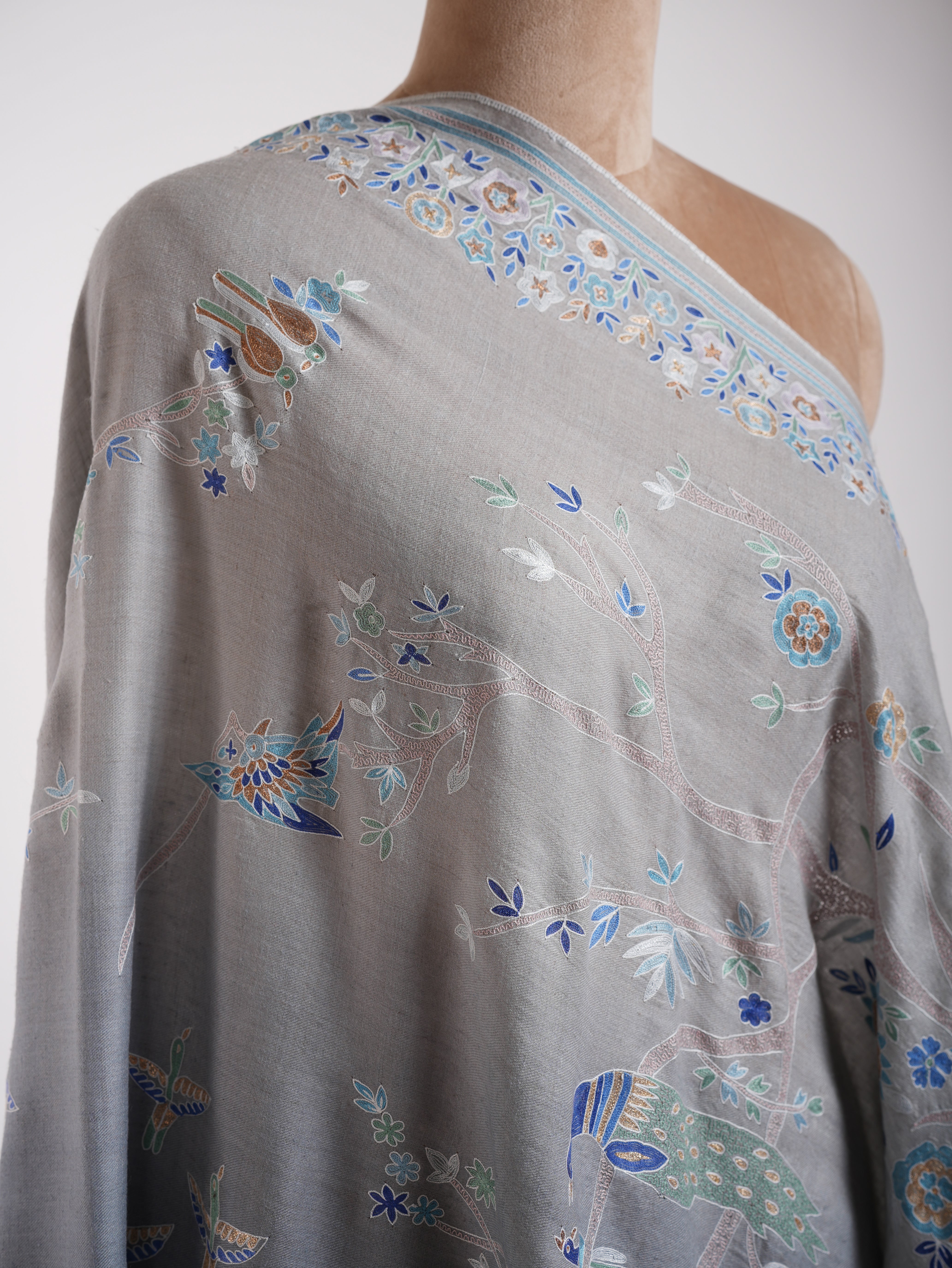 Hand Embroidered Tree of Peacock Pashmina Shawl Shahkaar