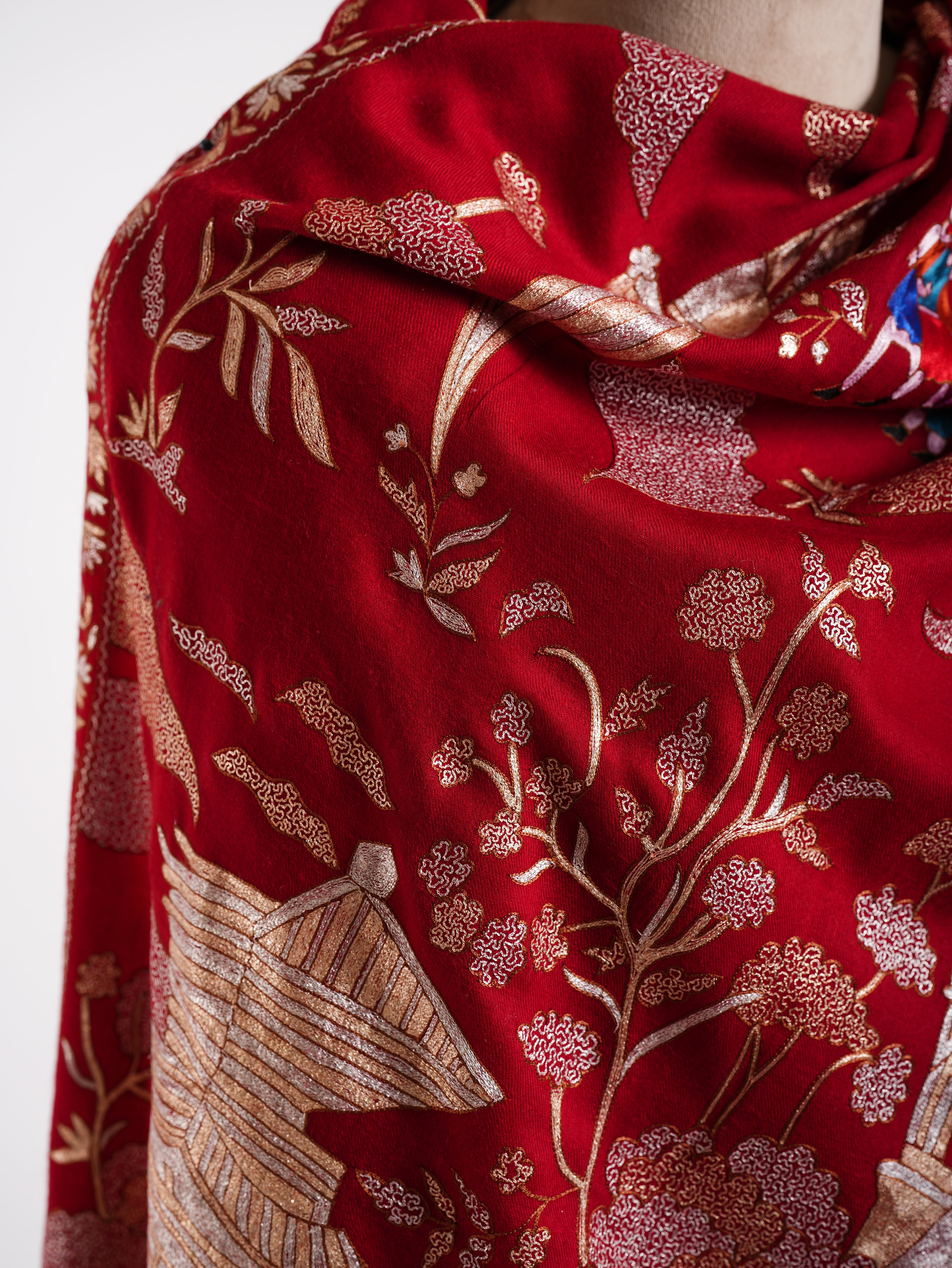 Embroidered China Town Red Pashmina Metallic Shawl