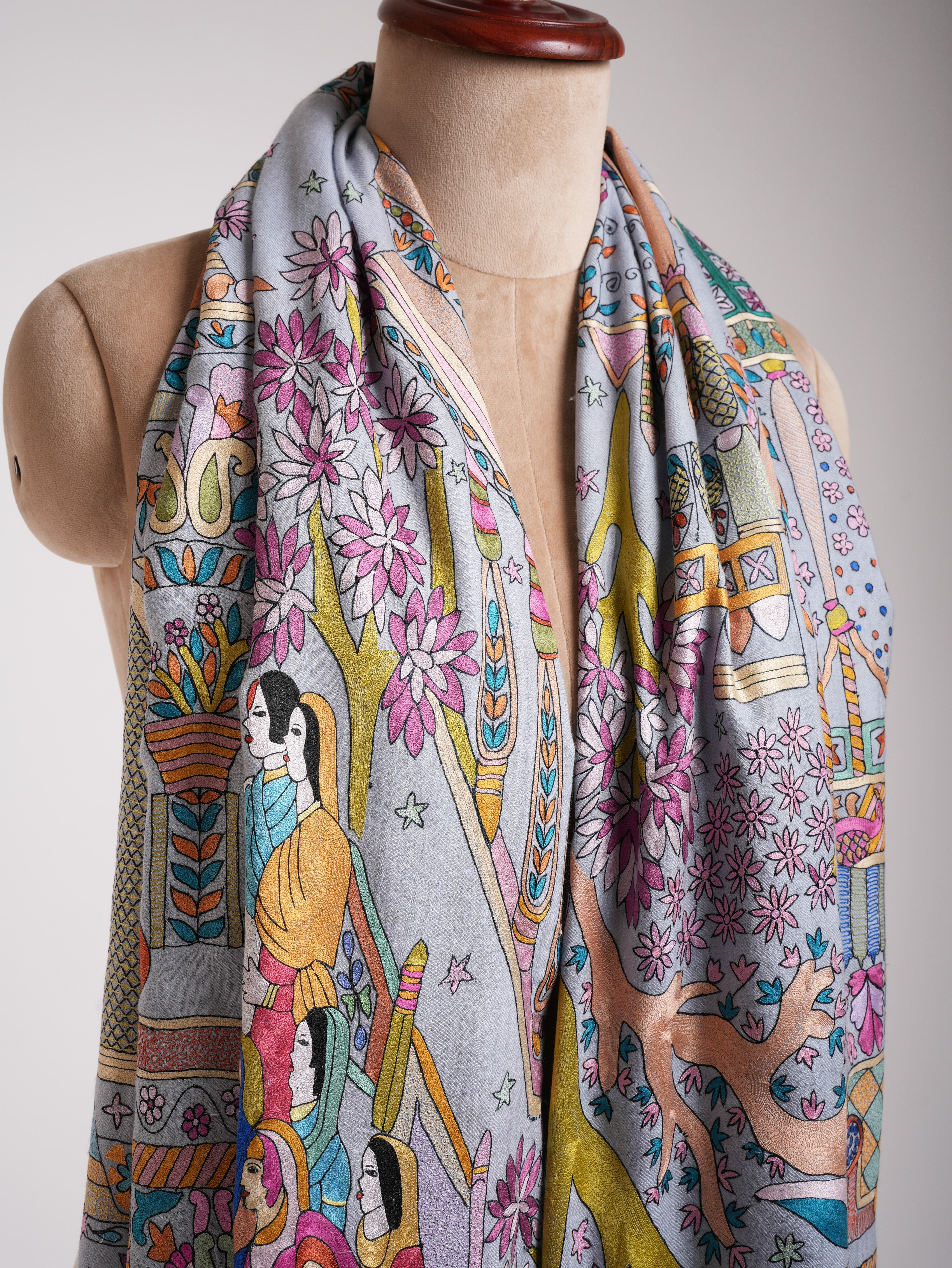 Lavender Artistic Embroidered Indian Pashmina Shawl Shahkaar