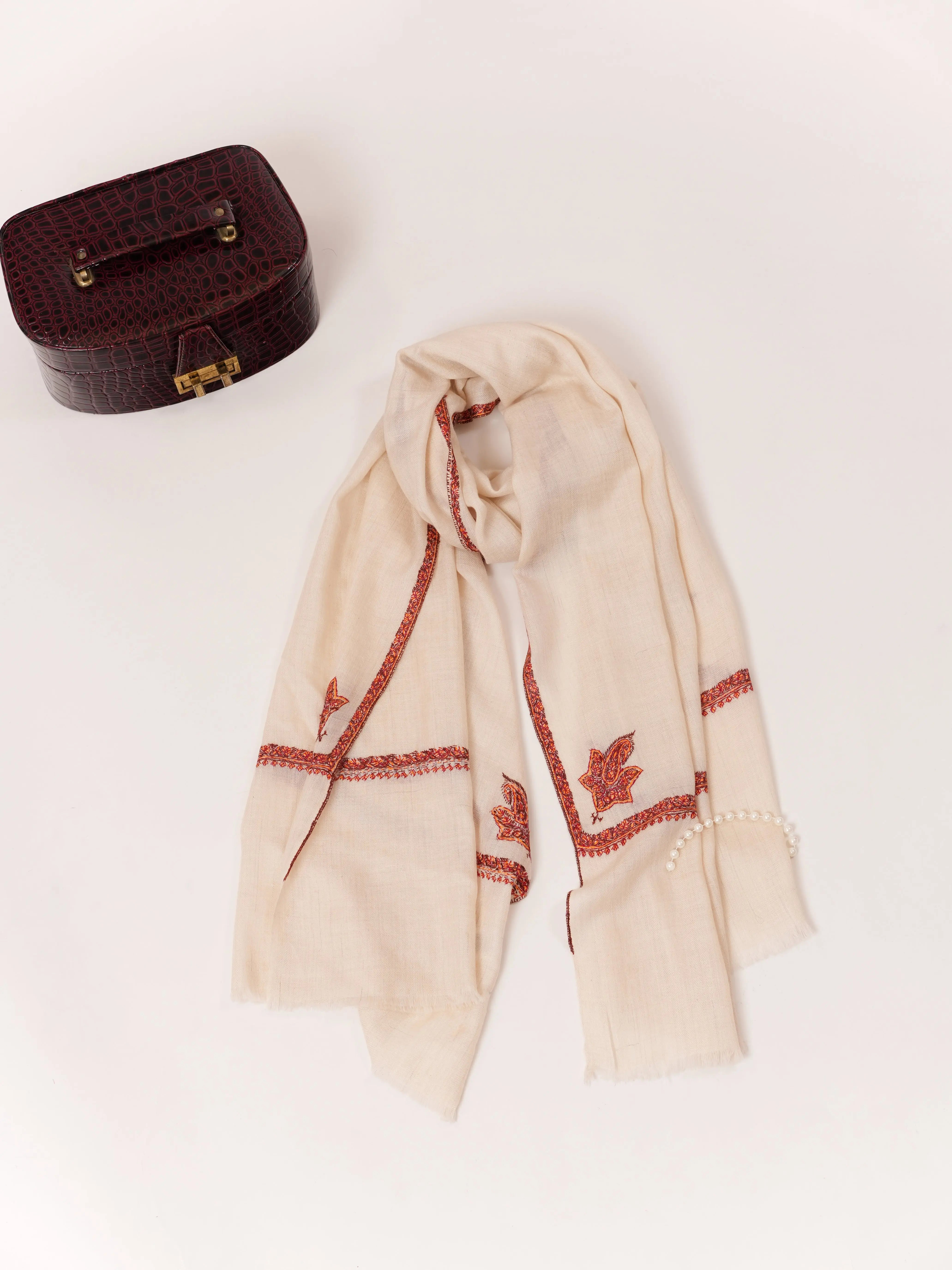 Natural Off White Bail Hand Embroidered Cashmere Scarf Shahkaar.com