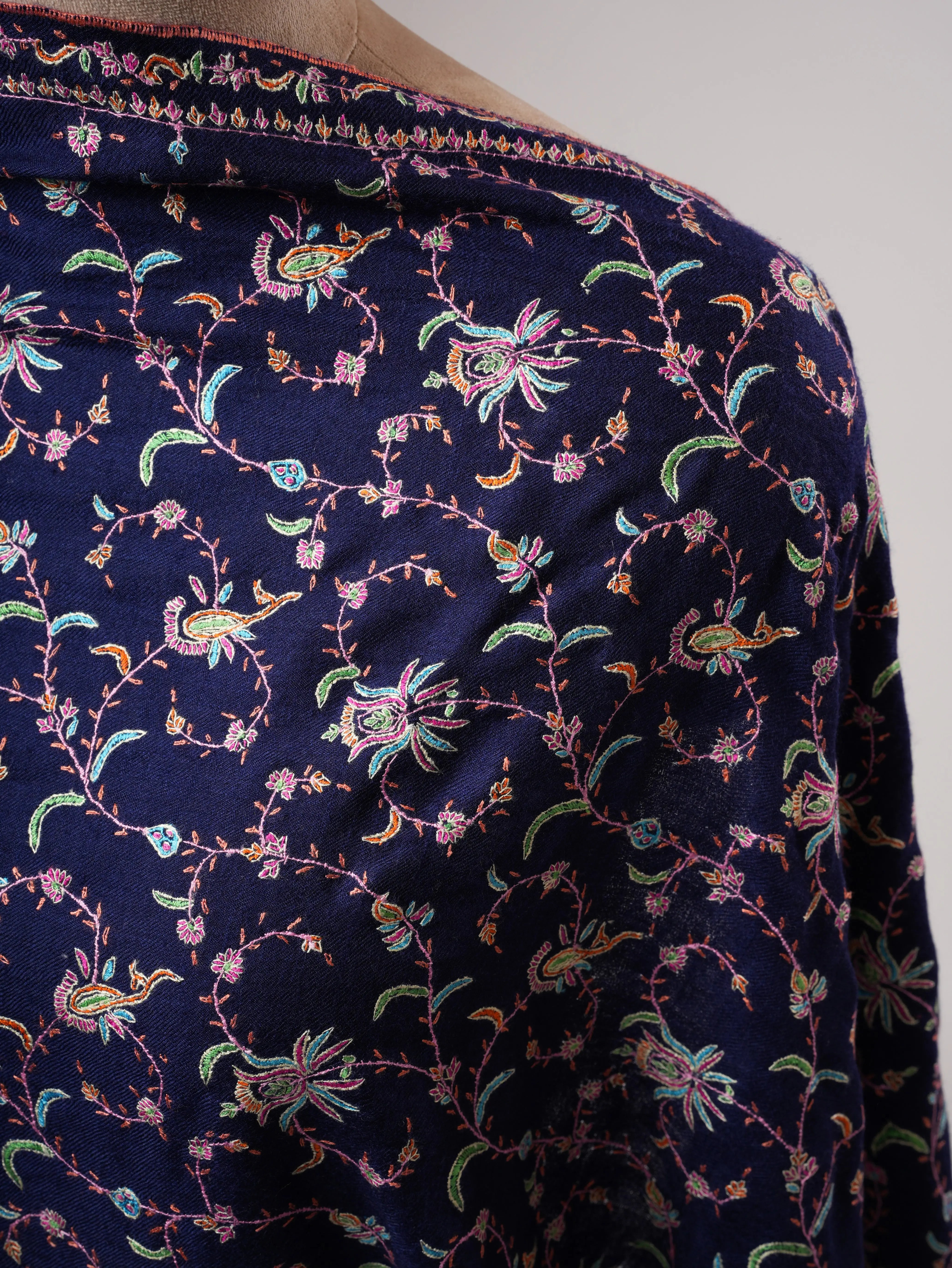 Navy Blue Soft Luxurious Kashmiri Pashmina Shawl with Fine Hand Embroidery Shahkaar