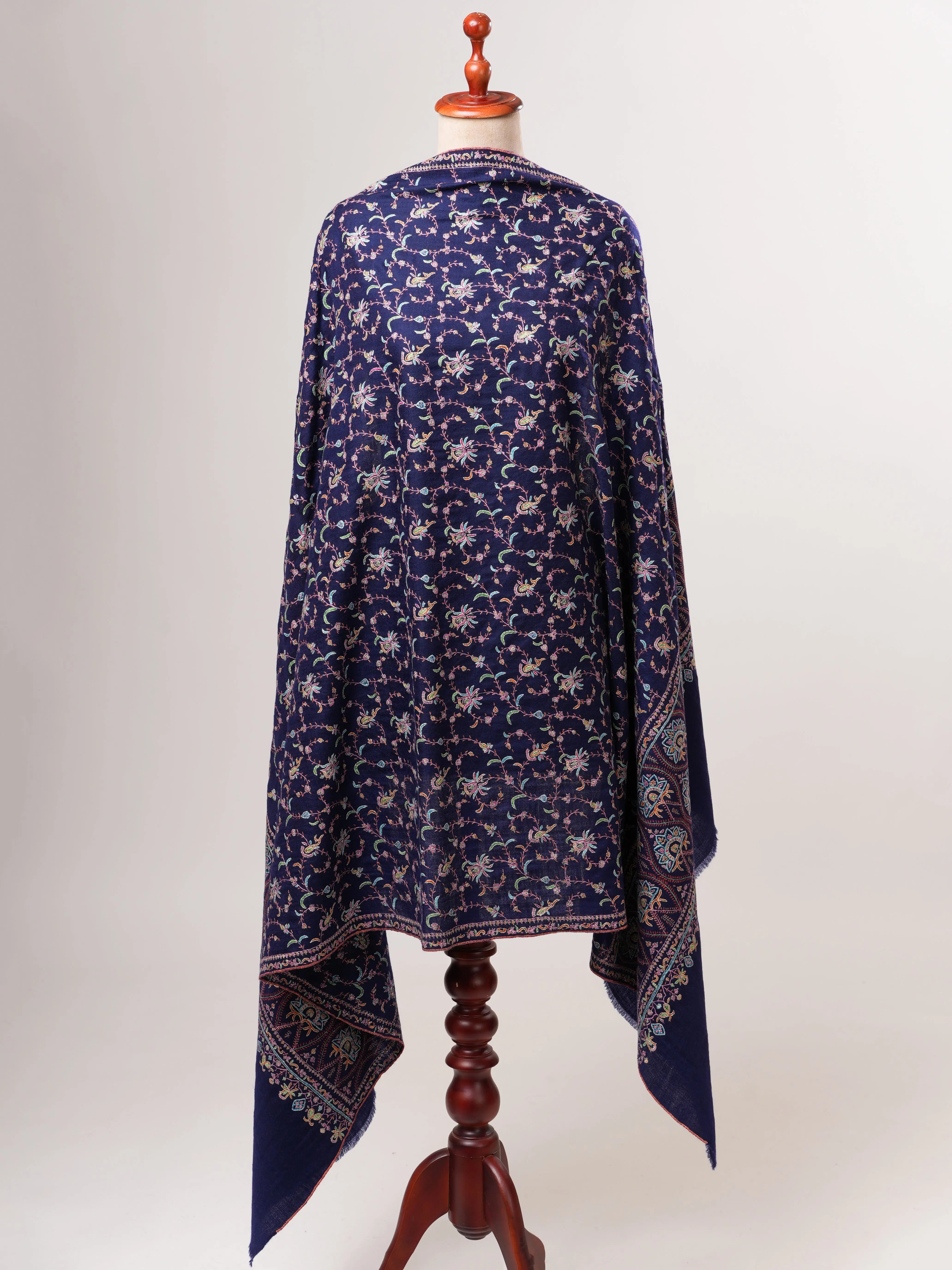 Navy Blue Soft Luxurious Kashmiri Pashmina Shawl with Fine Hand Embroidery Shahkaar