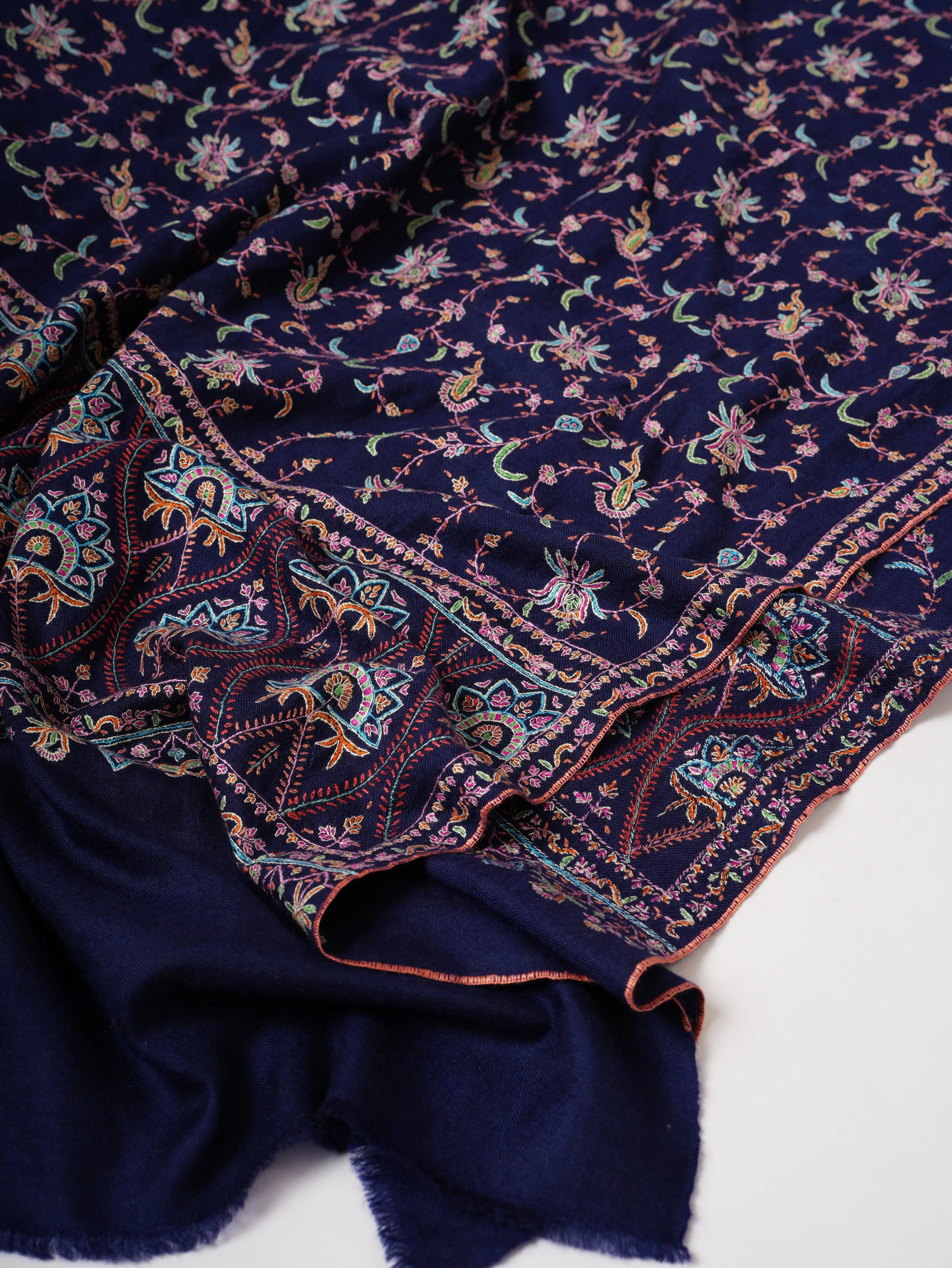 Navy Blue Soft Luxurious Kashmiri Pashmina Shawl with Fine Hand Embroidery Shahkaar
