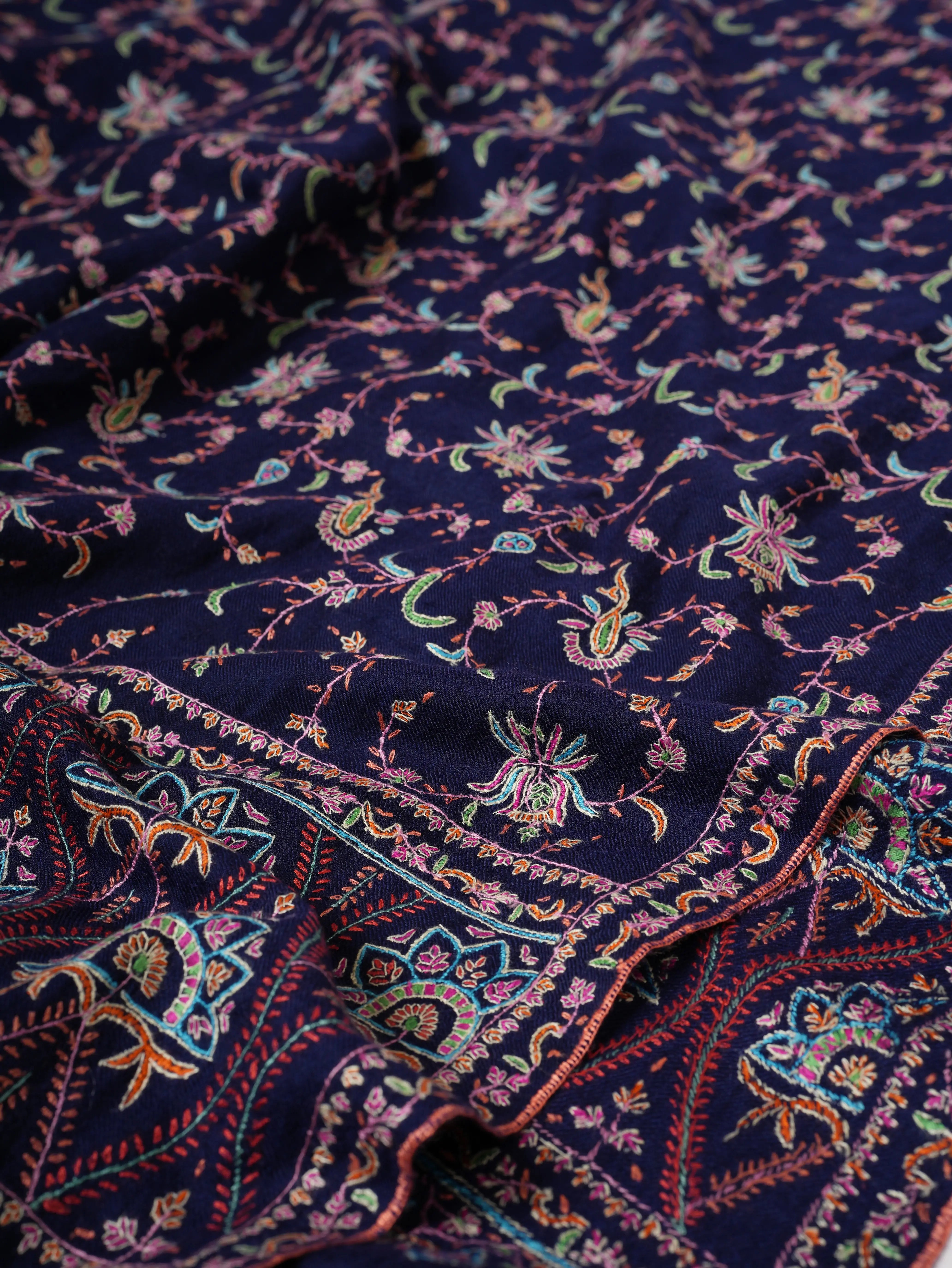 Navy Blue Soft Luxurious Kashmiri Pashmina Shawl with Fine Hand Embroidery Shahkaar