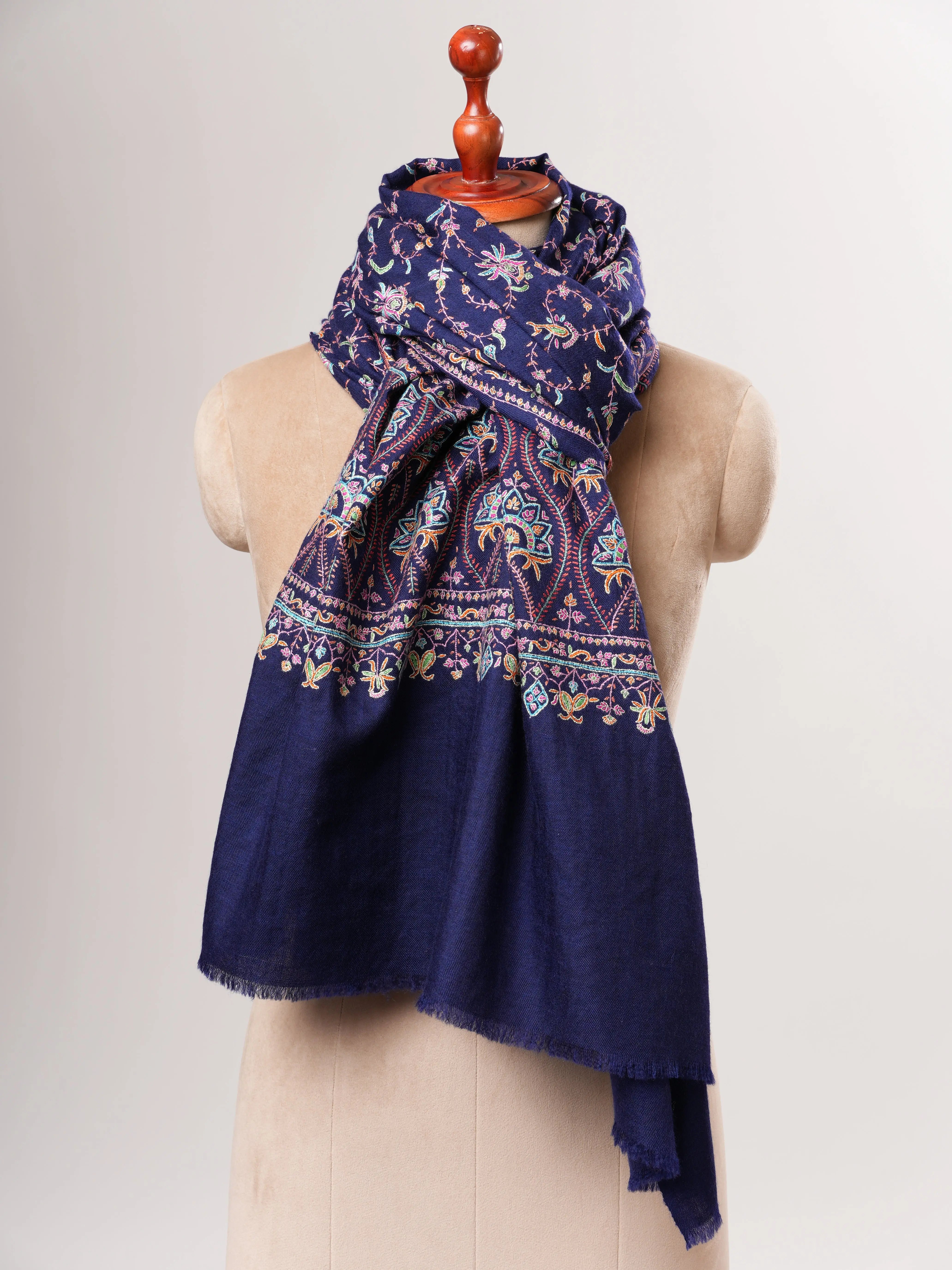 Navy Blue Soft Luxurious Kashmiri Pashmina Shawl with Fine Hand Embroidery Shahkaar