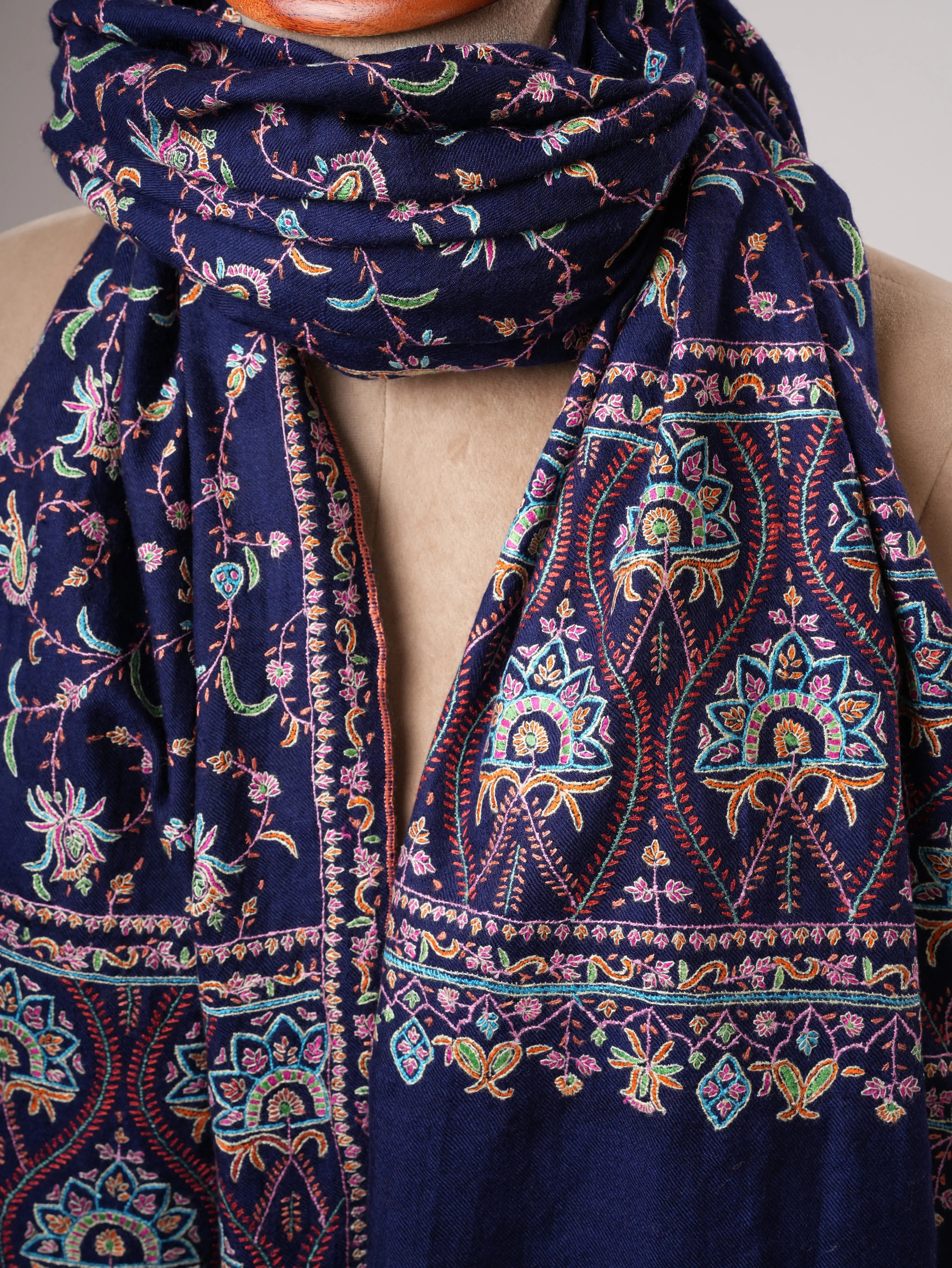Navy Blue Soft Luxurious Kashmiri Pashmina Shawl with Fine Hand Embroidery Shahkaar