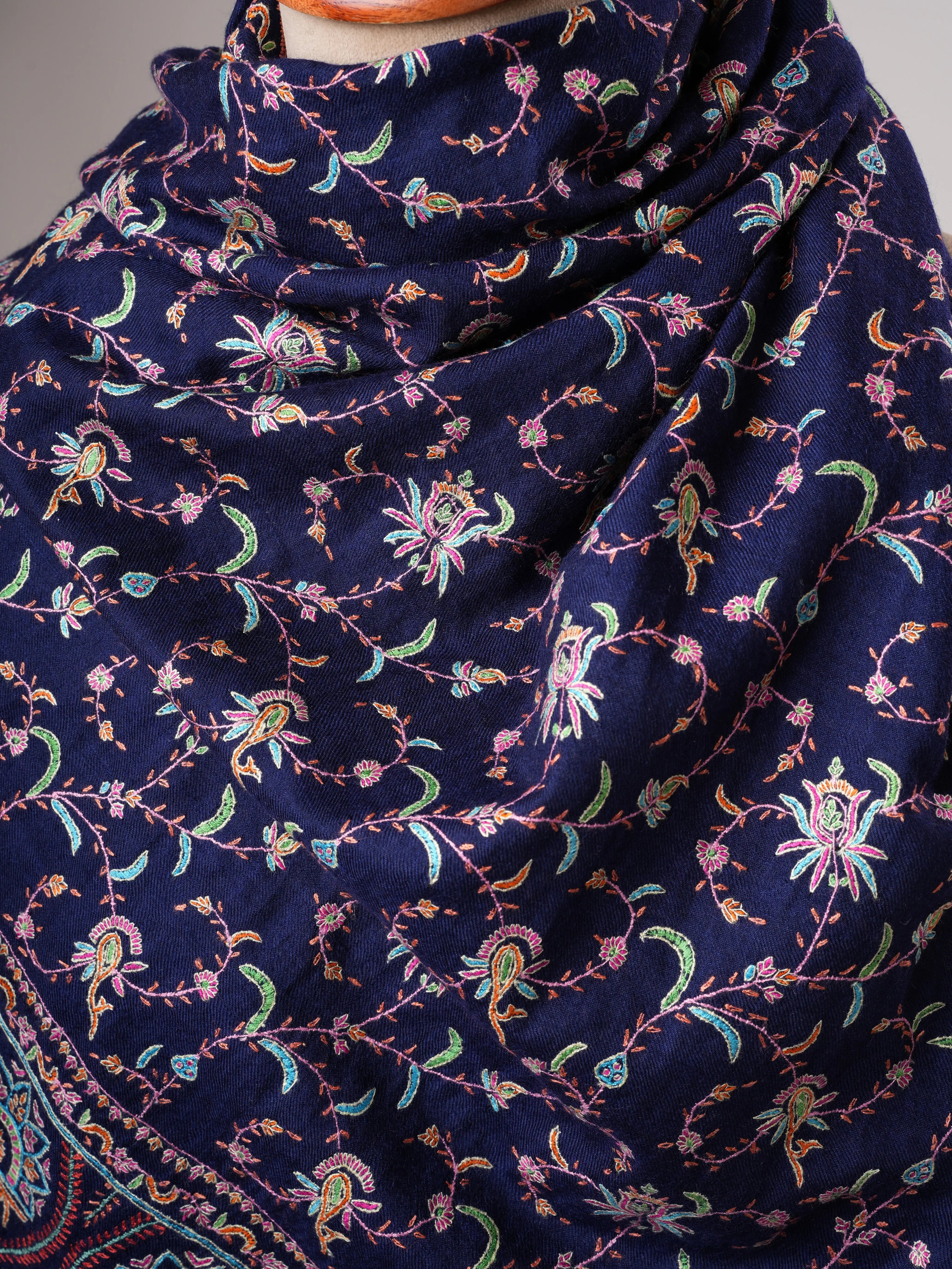 Navy Blue Soft Luxurious Kashmiri Pashmina Shawl with Fine Hand Embroidery Shahkaar