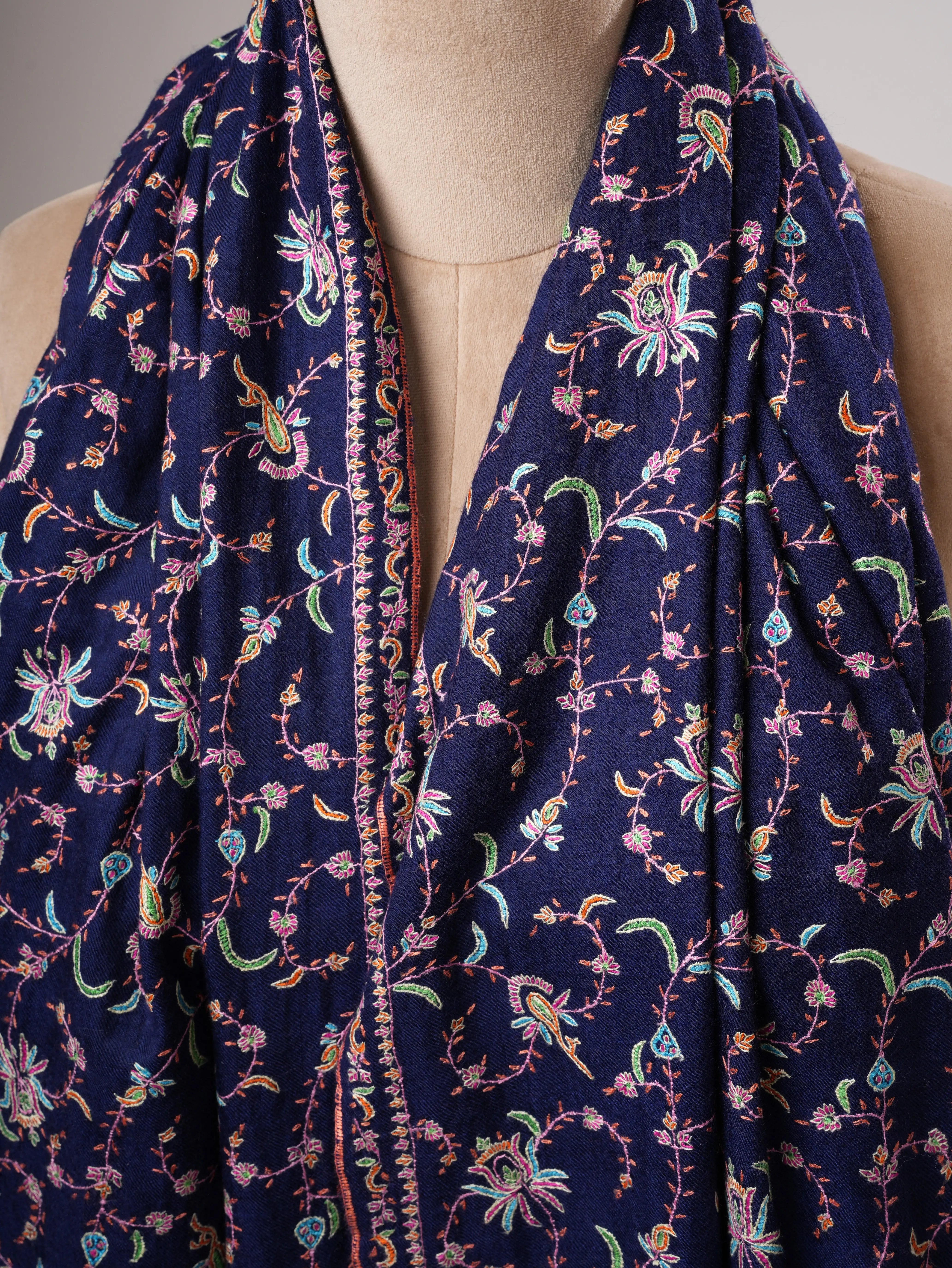 Navy Blue Soft Luxurious Kashmiri Pashmina Shawl with Fine Hand Embroidery Shahkaar