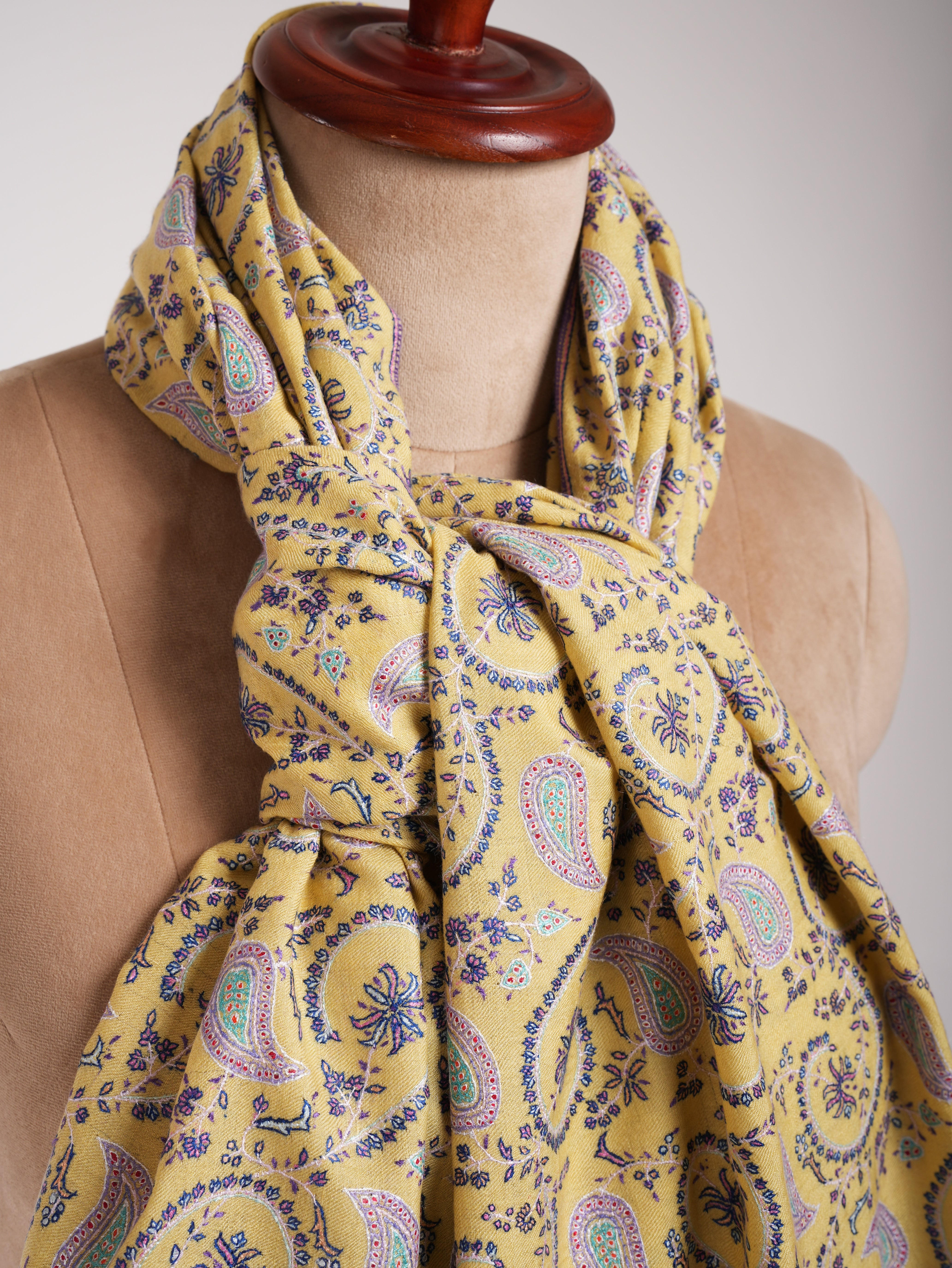 Lemon Yellow Indian Embroidered Kashmiri Jamavar Shawl Shahkaar