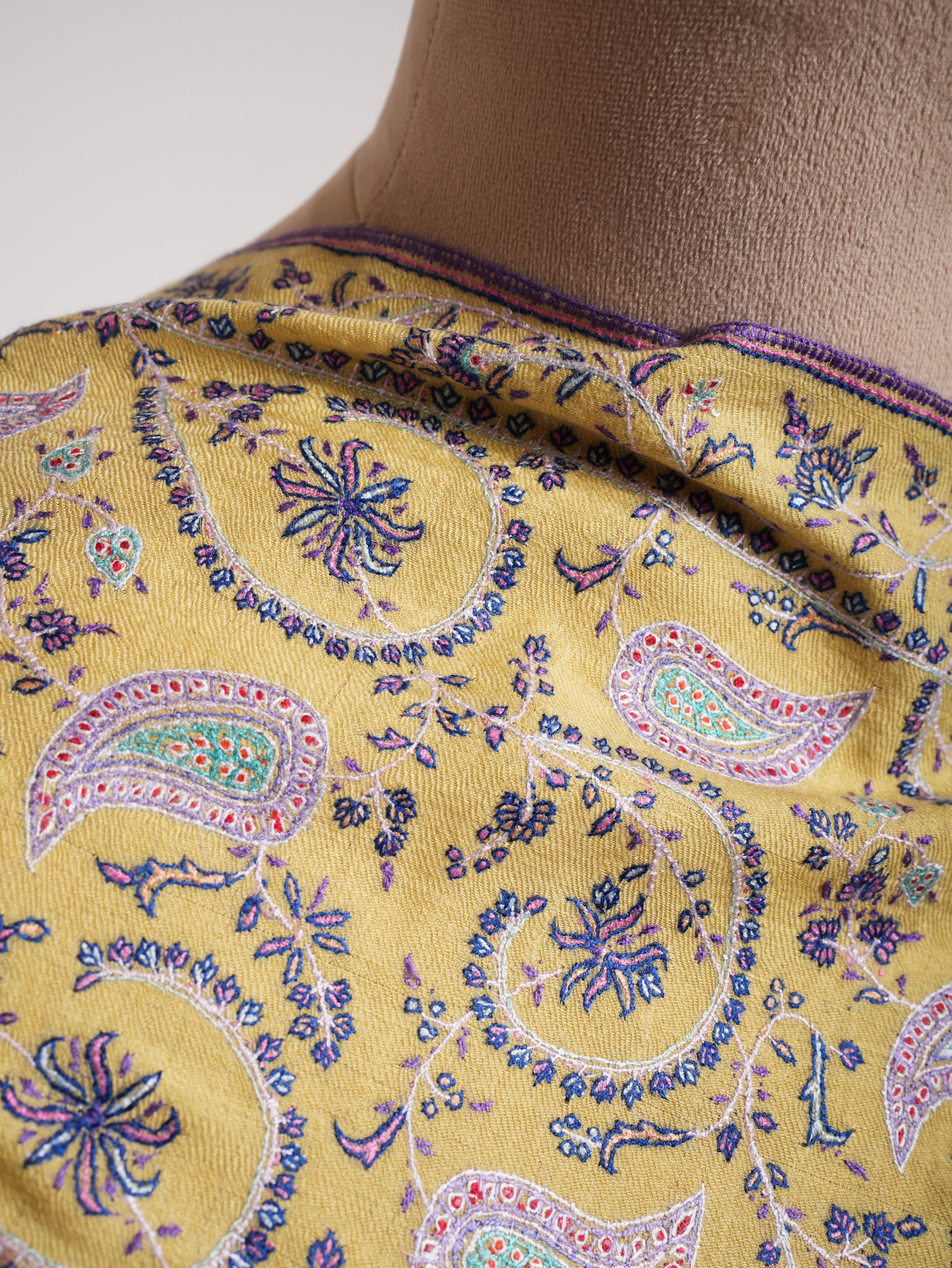 Lemon Yellow Indian Embroidered Kashmiri Jamavar Shawl Shahkaar