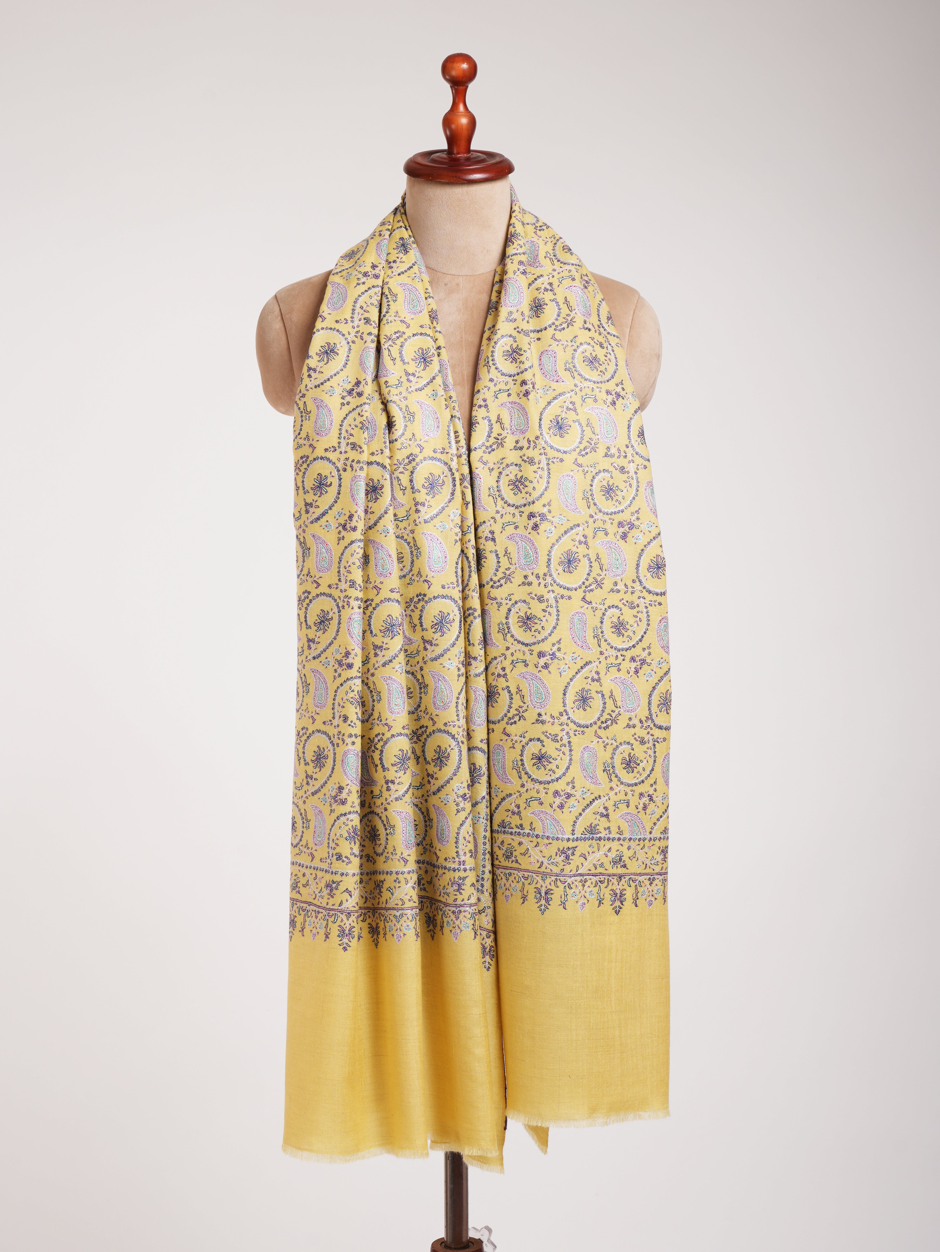 Lemon Yellow Indian Embroidered Kashmiri Jamavar Shawl Shahkaar