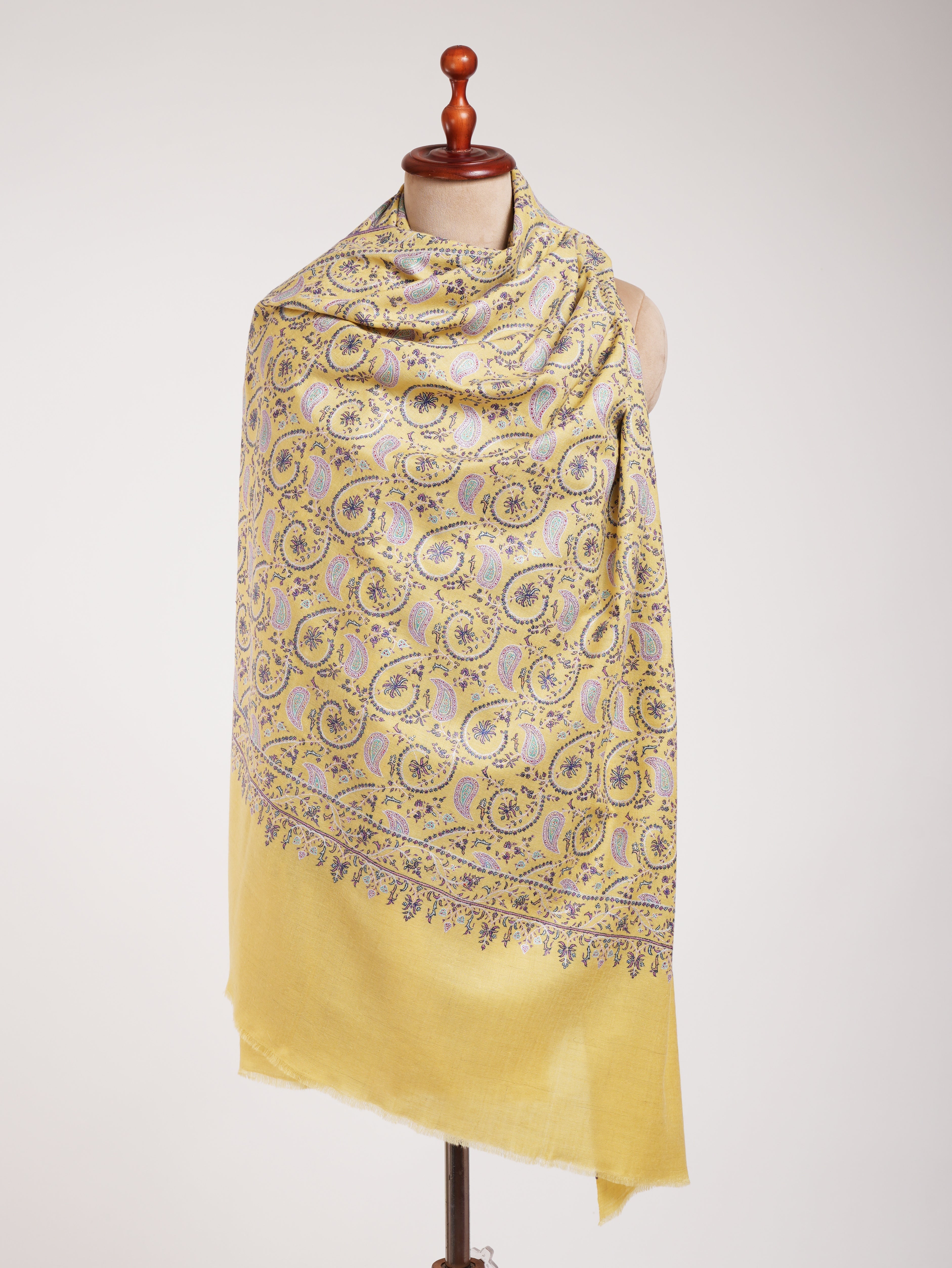 Lemon Yellow Indian Embroidered Kashmiri Jamavar Shawl Shahkaar