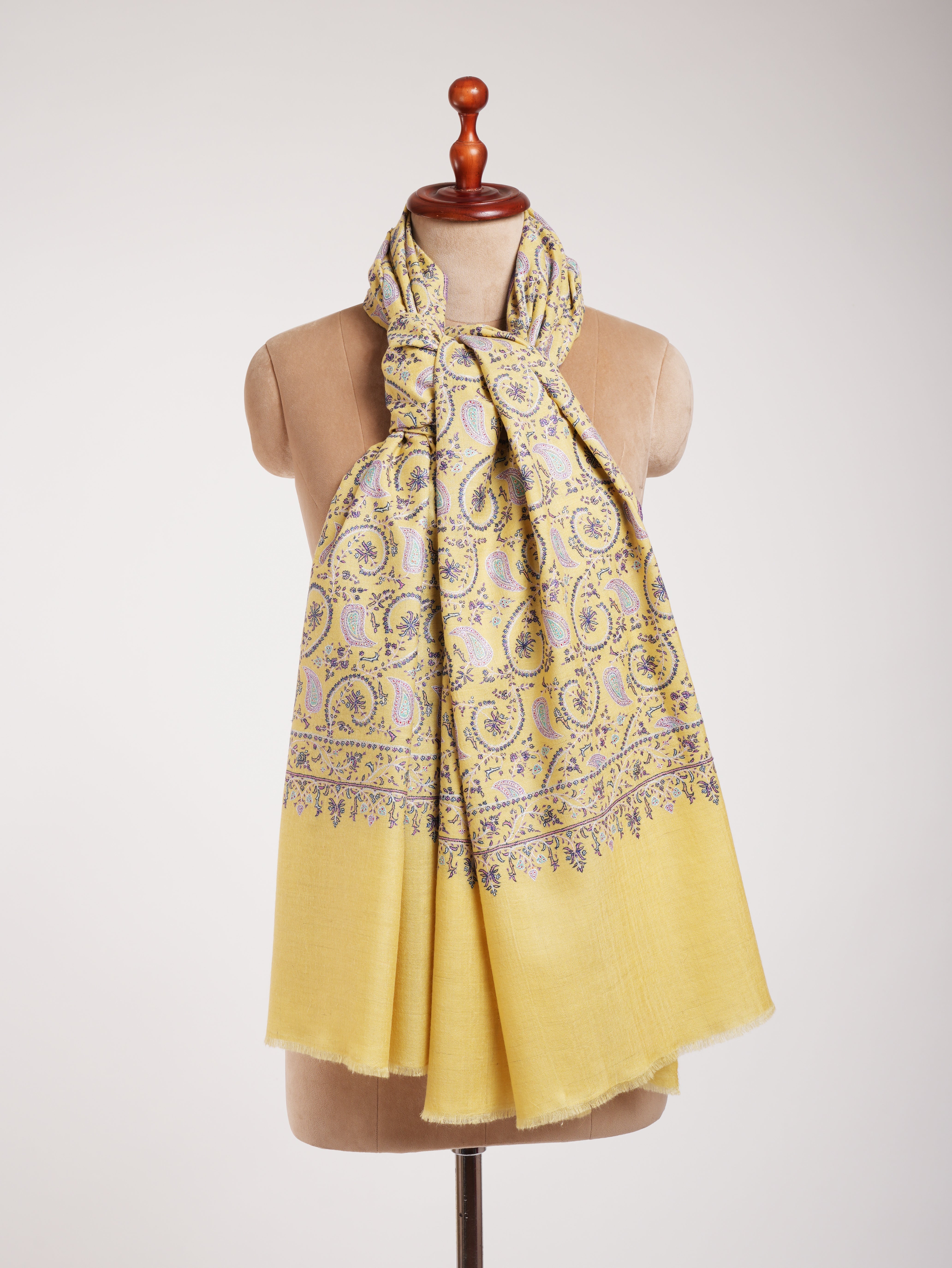 Lemon Yellow Indian Embroidered Kashmiri Jamavar Shawl Shahkaar