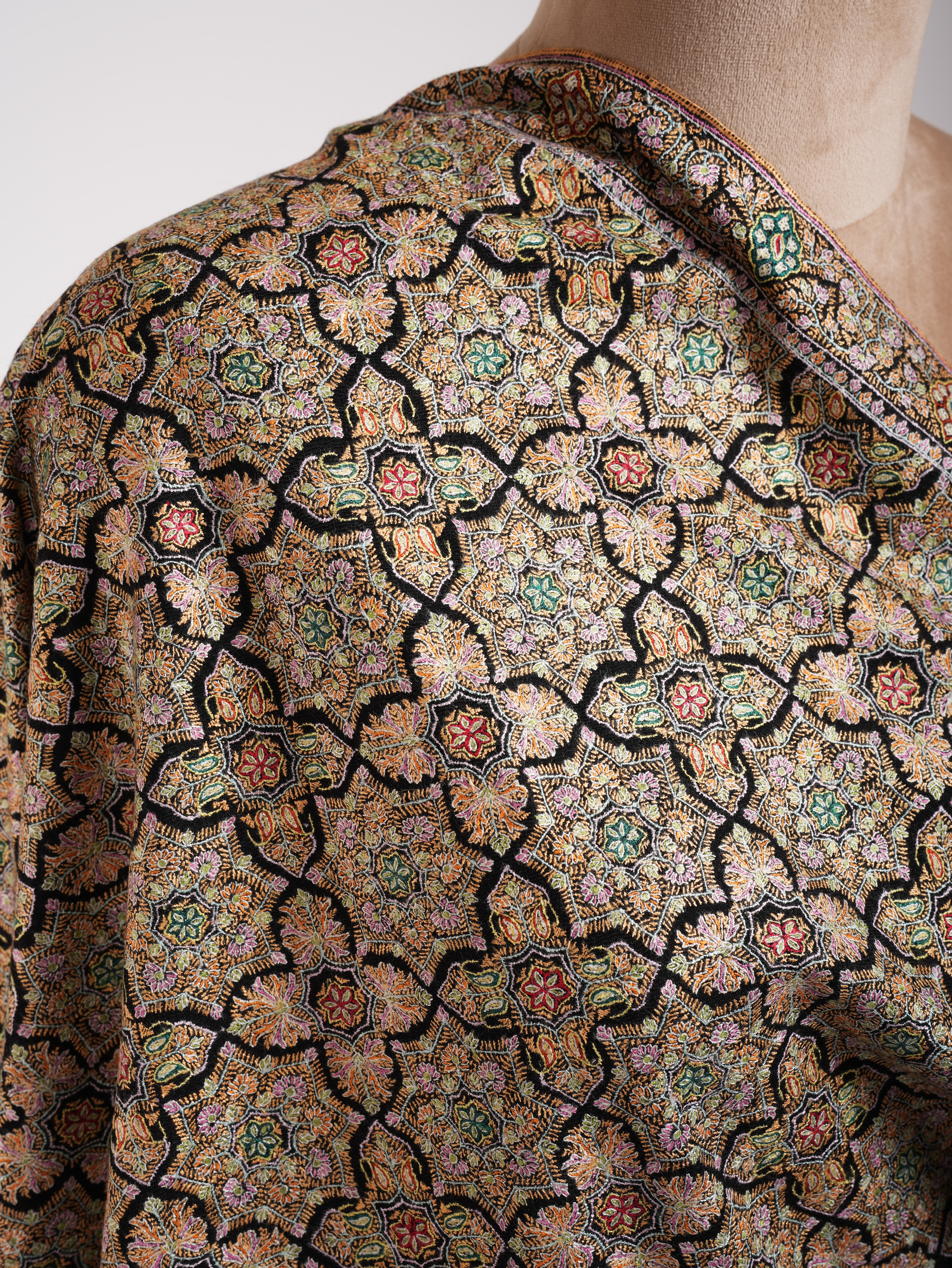 Black Hand Embroidered Geometric Pashmina Jamavar Shawl