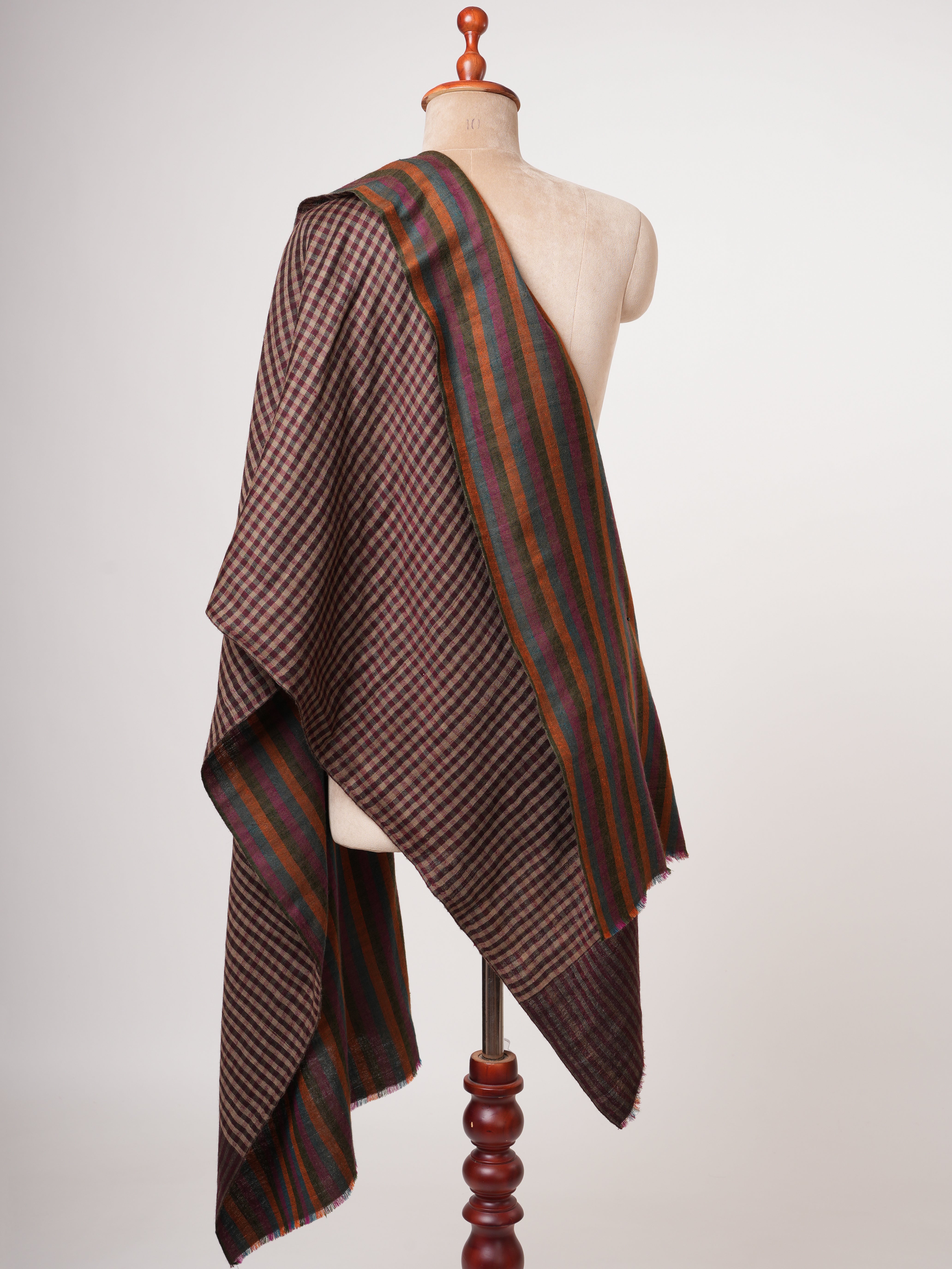 Dual Shade Stripe & Check Soft Cashmere Scarf – Expertly Hand Woven