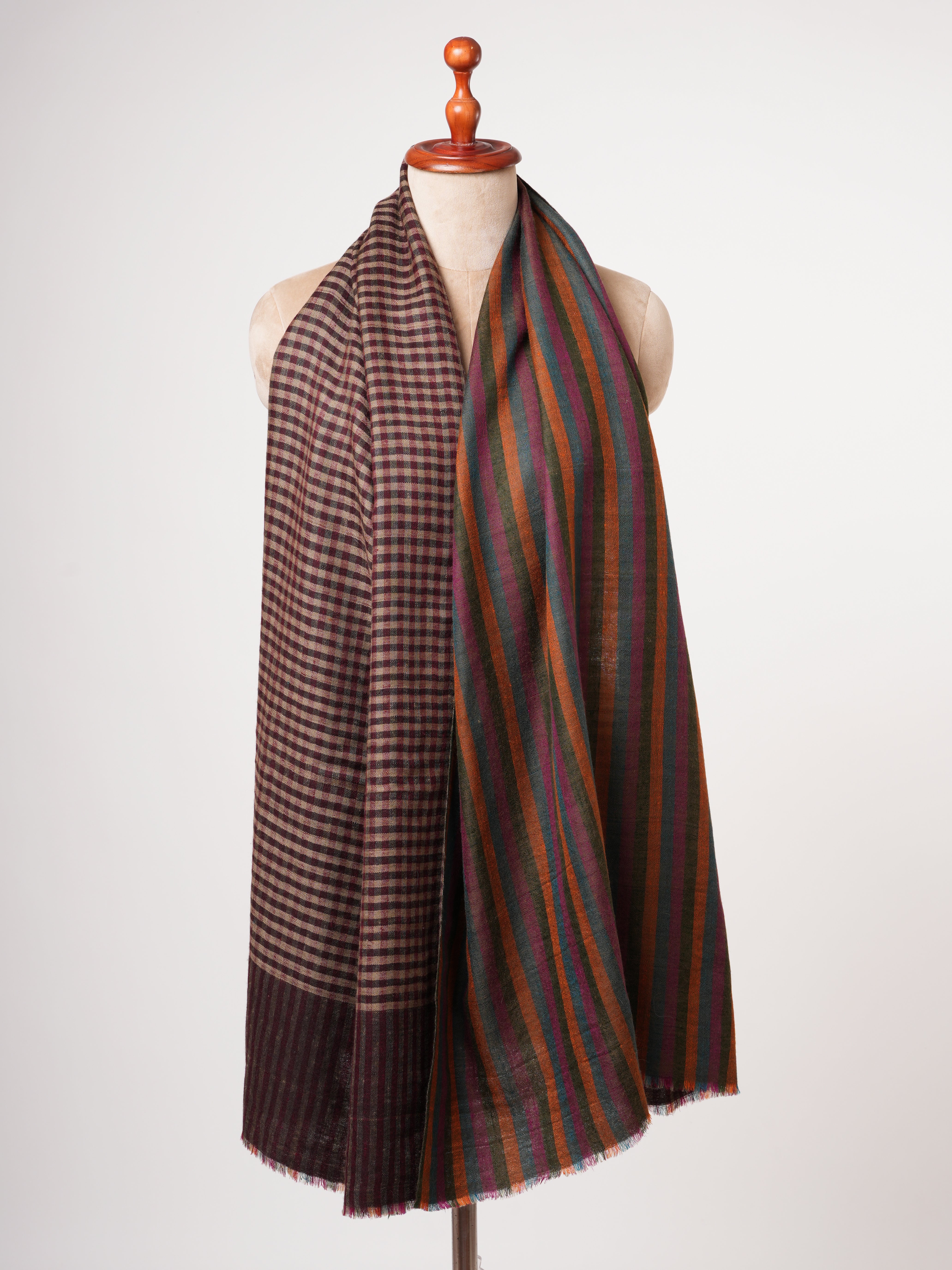 Dual Shade Stripe & Check Soft Cashmere Scarf – Expertly Hand Woven