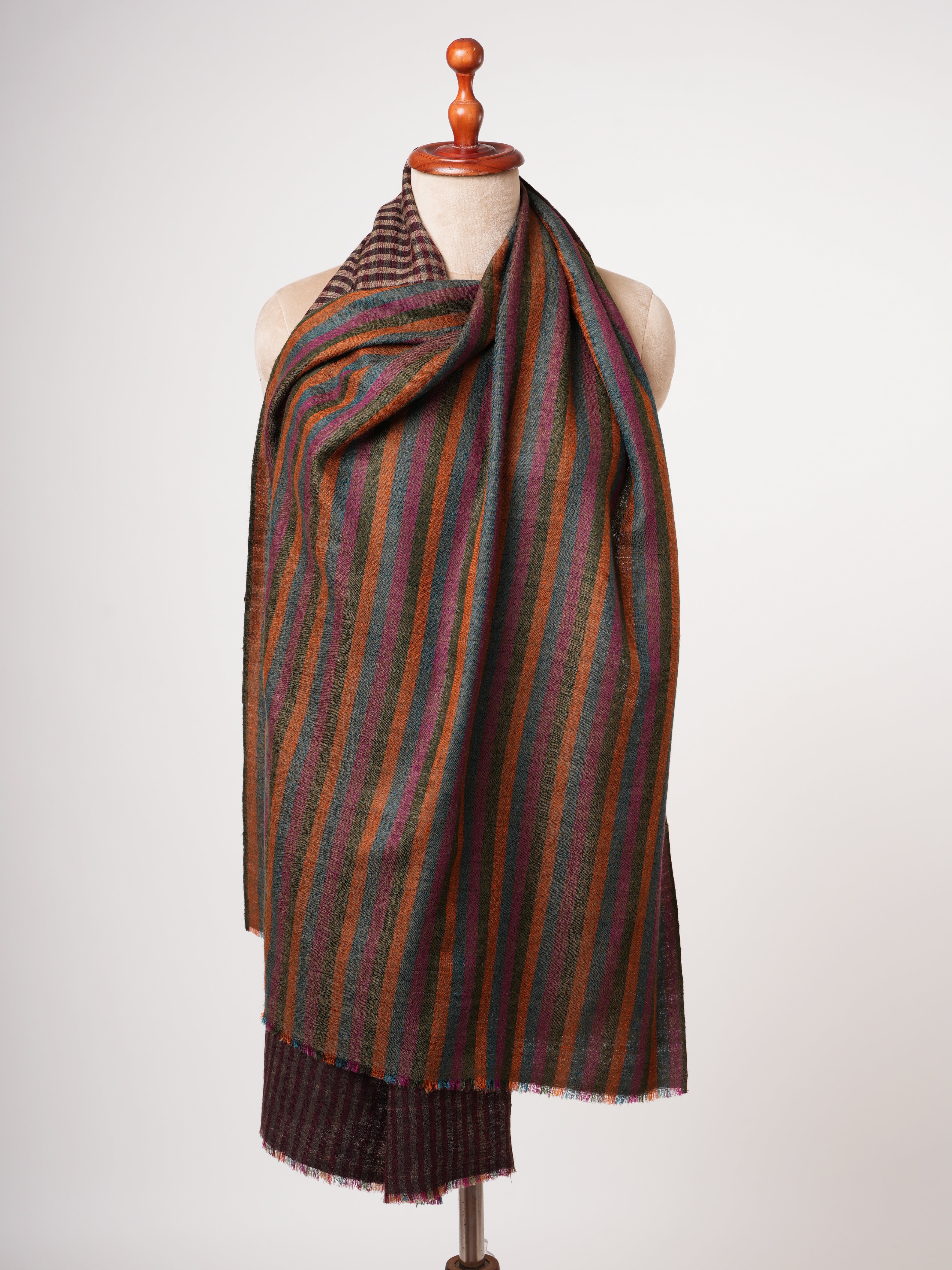 Dual Shade Stripe & Check Soft Cashmere Scarf – Expertly Hand Woven