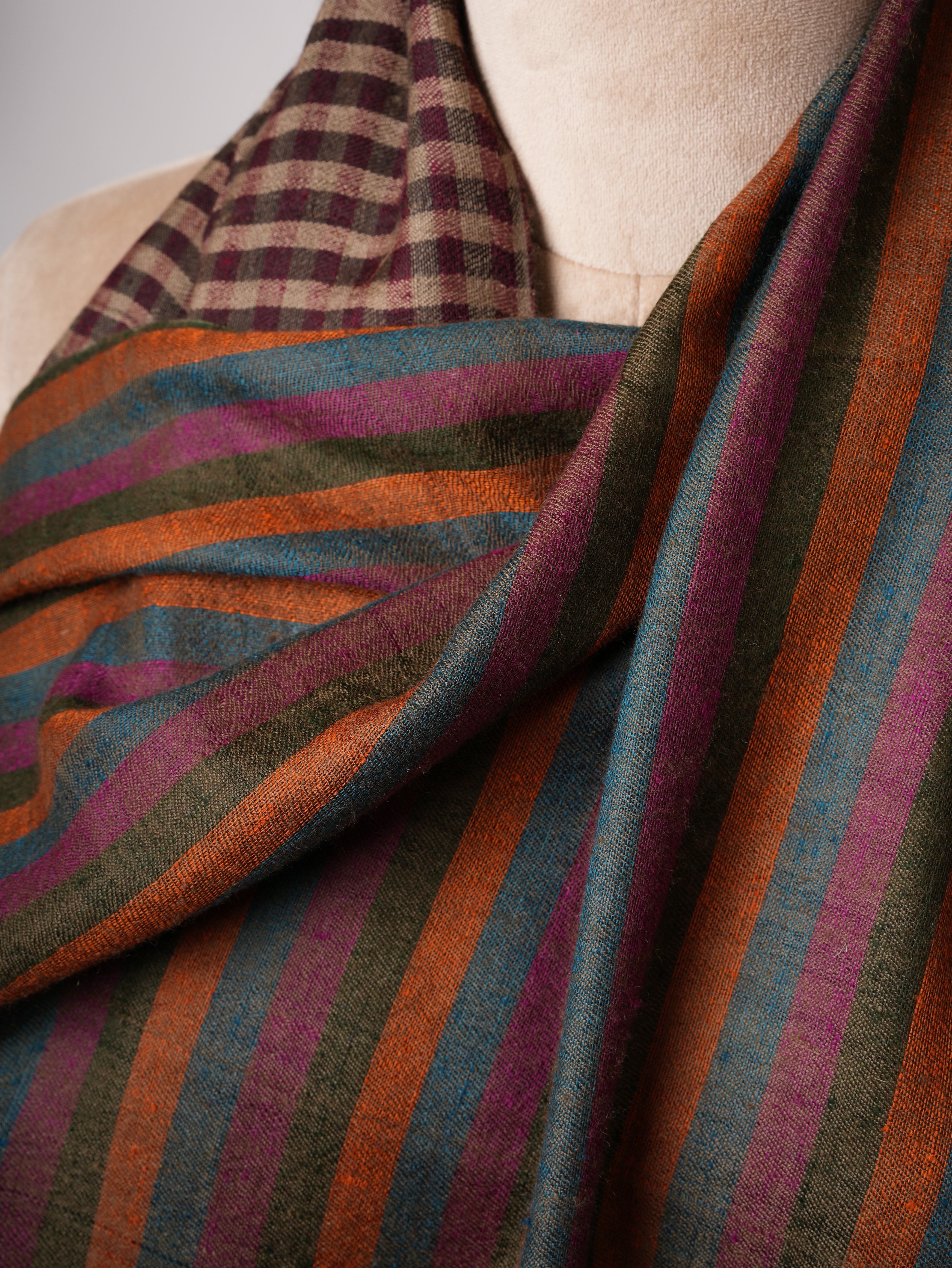Dual Shade Stripe & Check Soft Cashmere Scarf – Expertly Hand Woven