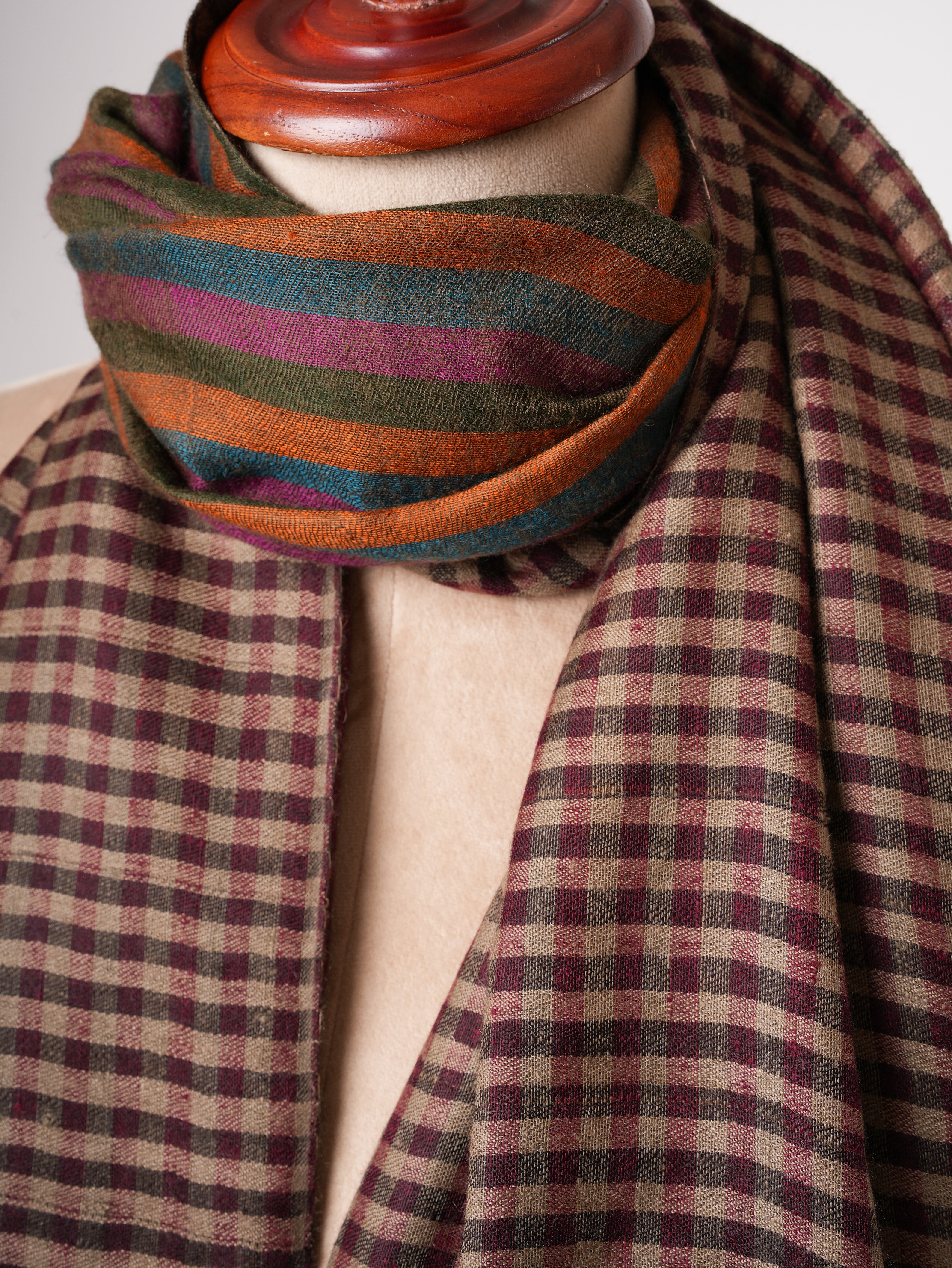 Dual Shade Stripe & Check Soft Cashmere Scarf – Expertly Hand Woven