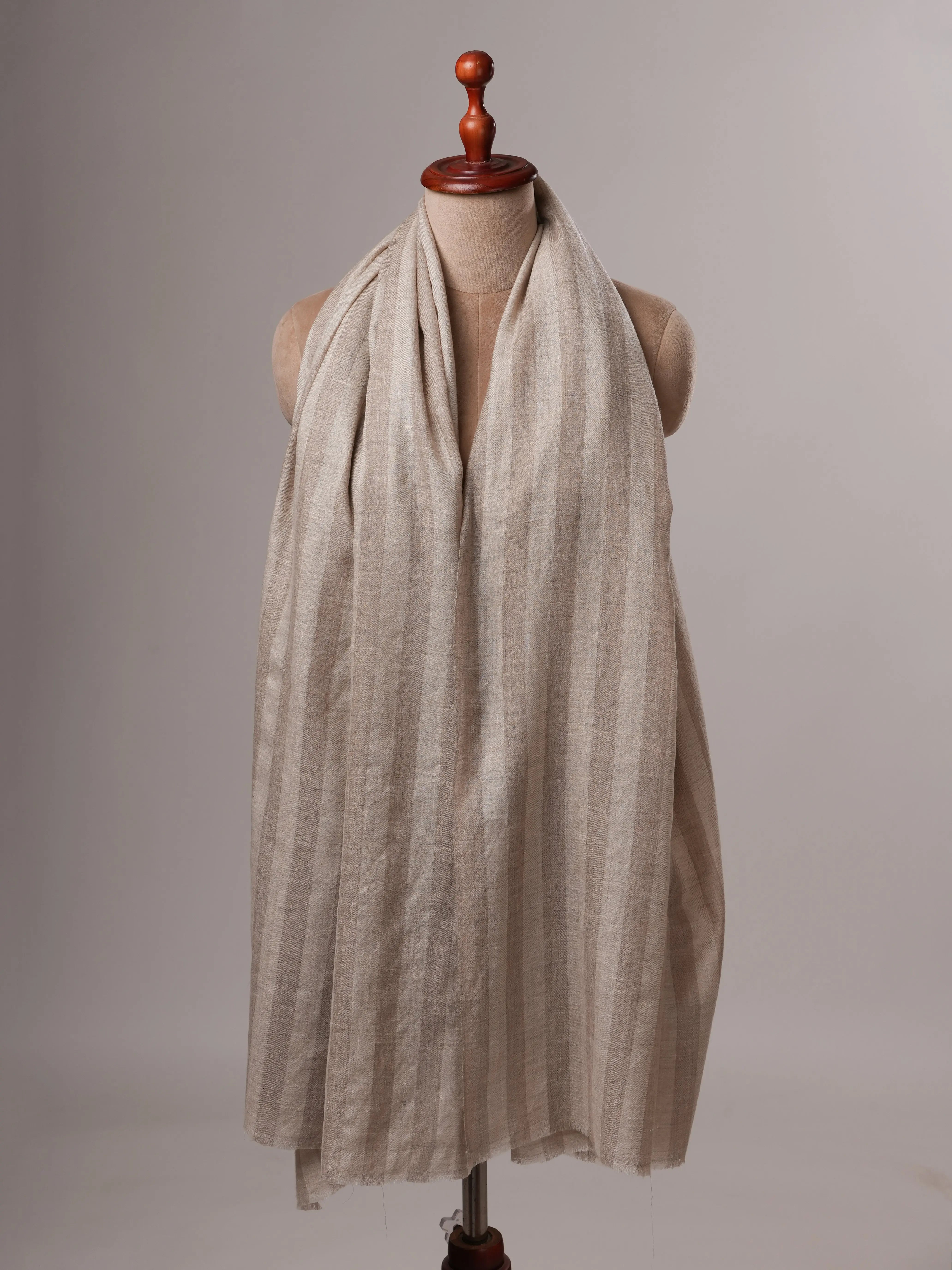 Feather Soft Grey and Ivory Striped Handloom Pashmina Shawl Shahkaar