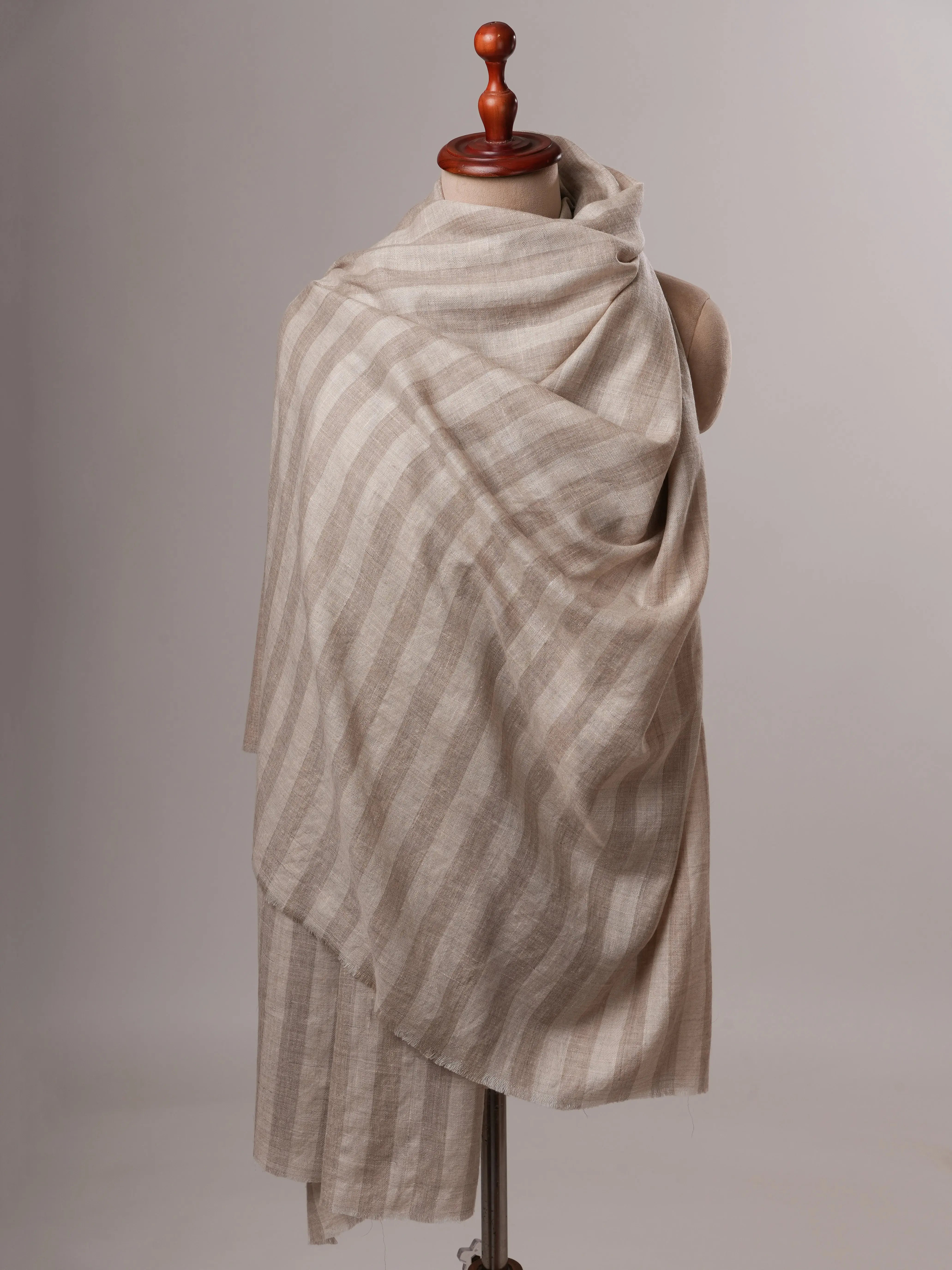 Feather Soft Grey and Ivory Striped Handloom Pashmina Shawl Shahkaar