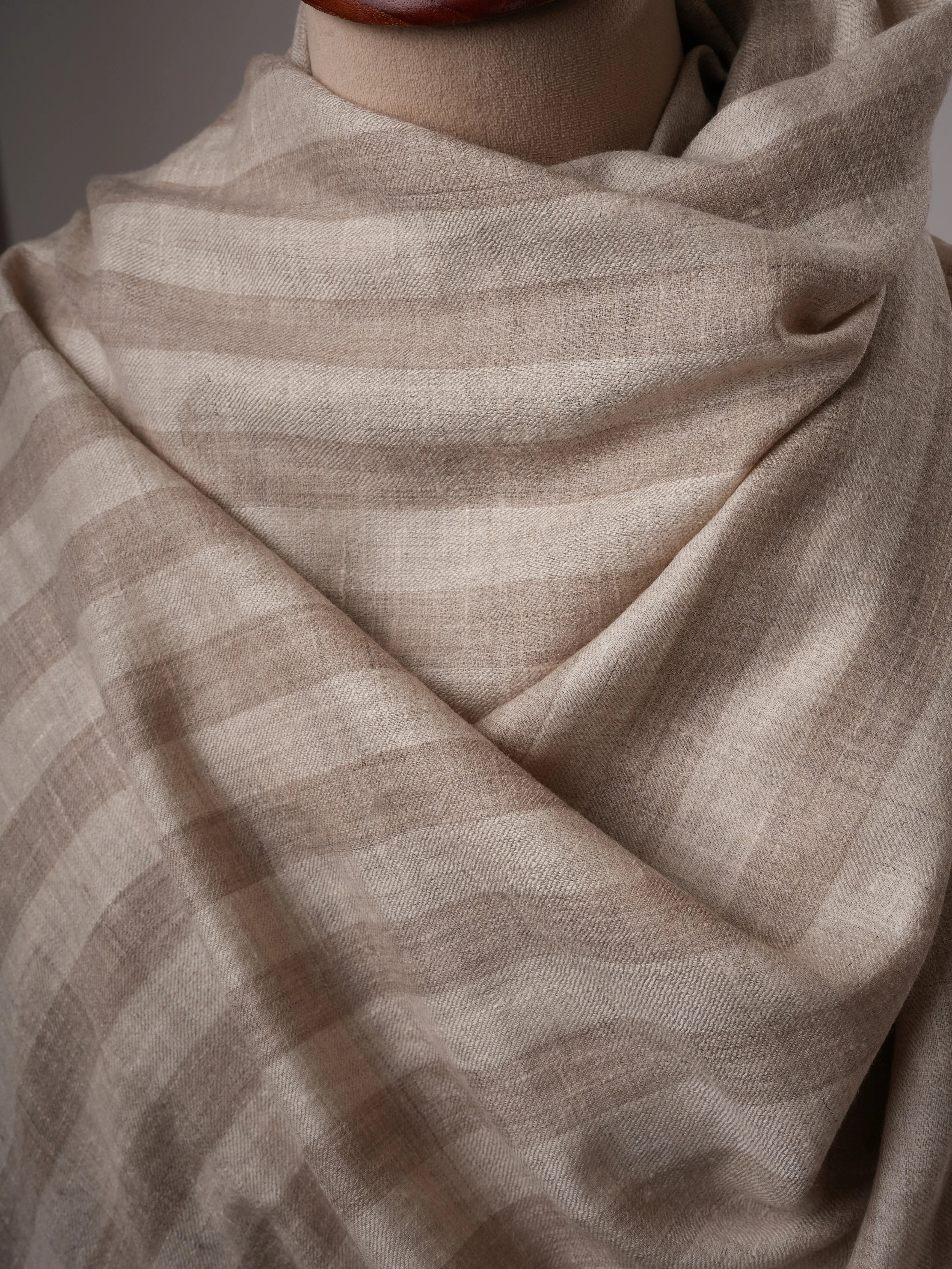 Feather Soft Grey and Ivory Striped Handloom Pashmina Shawl Shahkaar