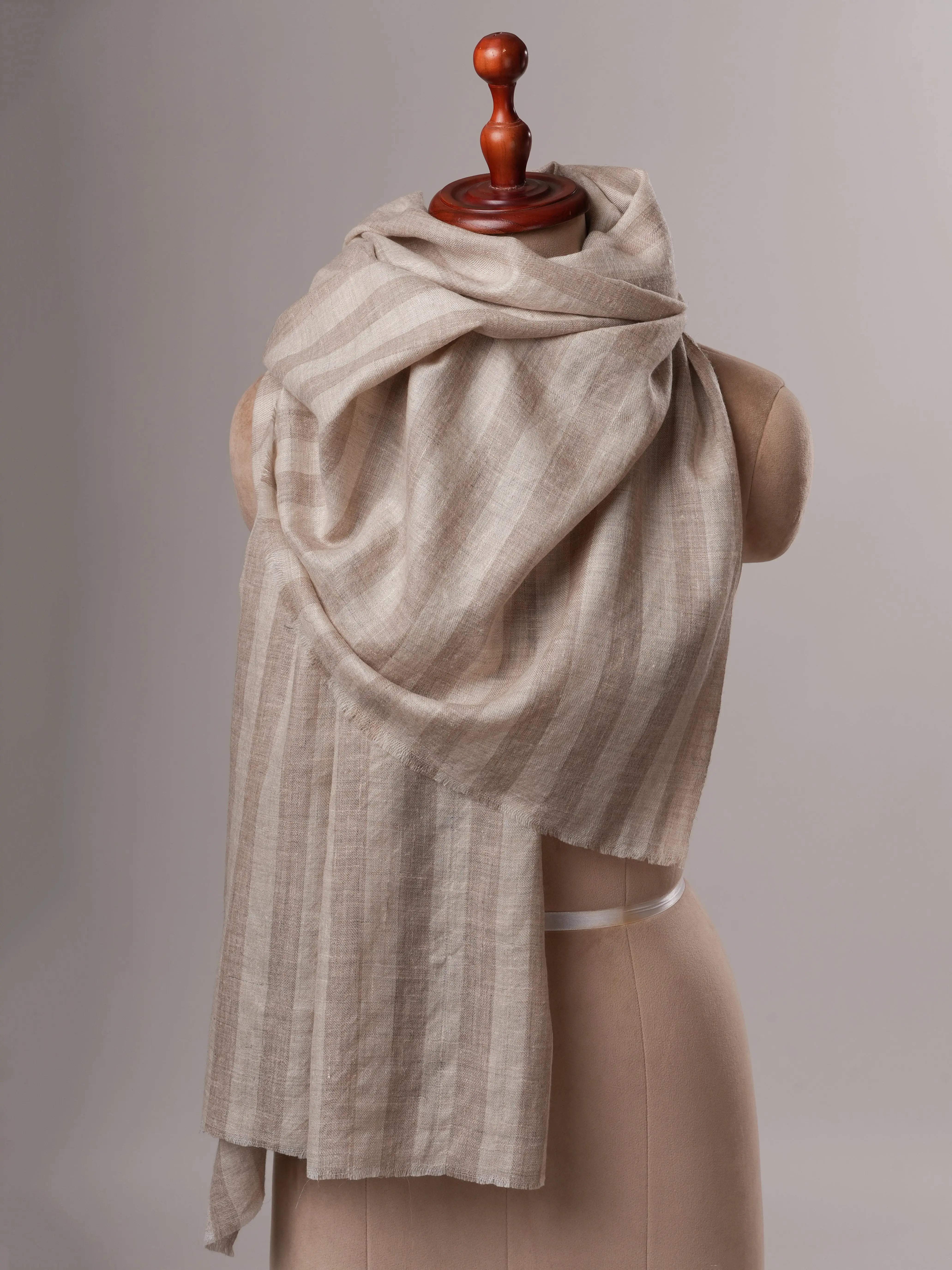 Feather Soft Grey and Ivory Striped Handloom Pashmina Shawl Shahkaar