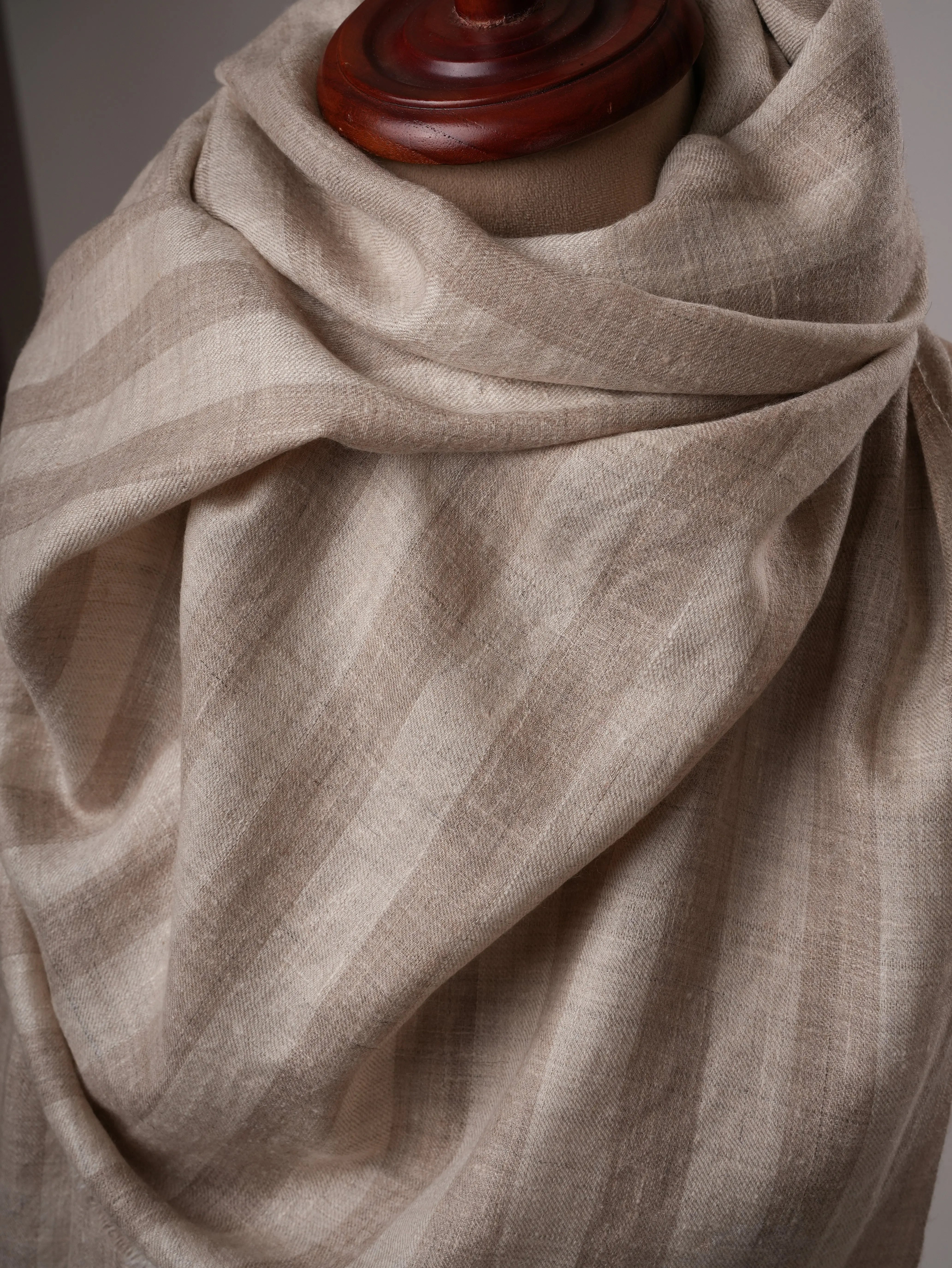 Feather Soft Grey and Ivory Striped Handloom Pashmina Shawl Shahkaar