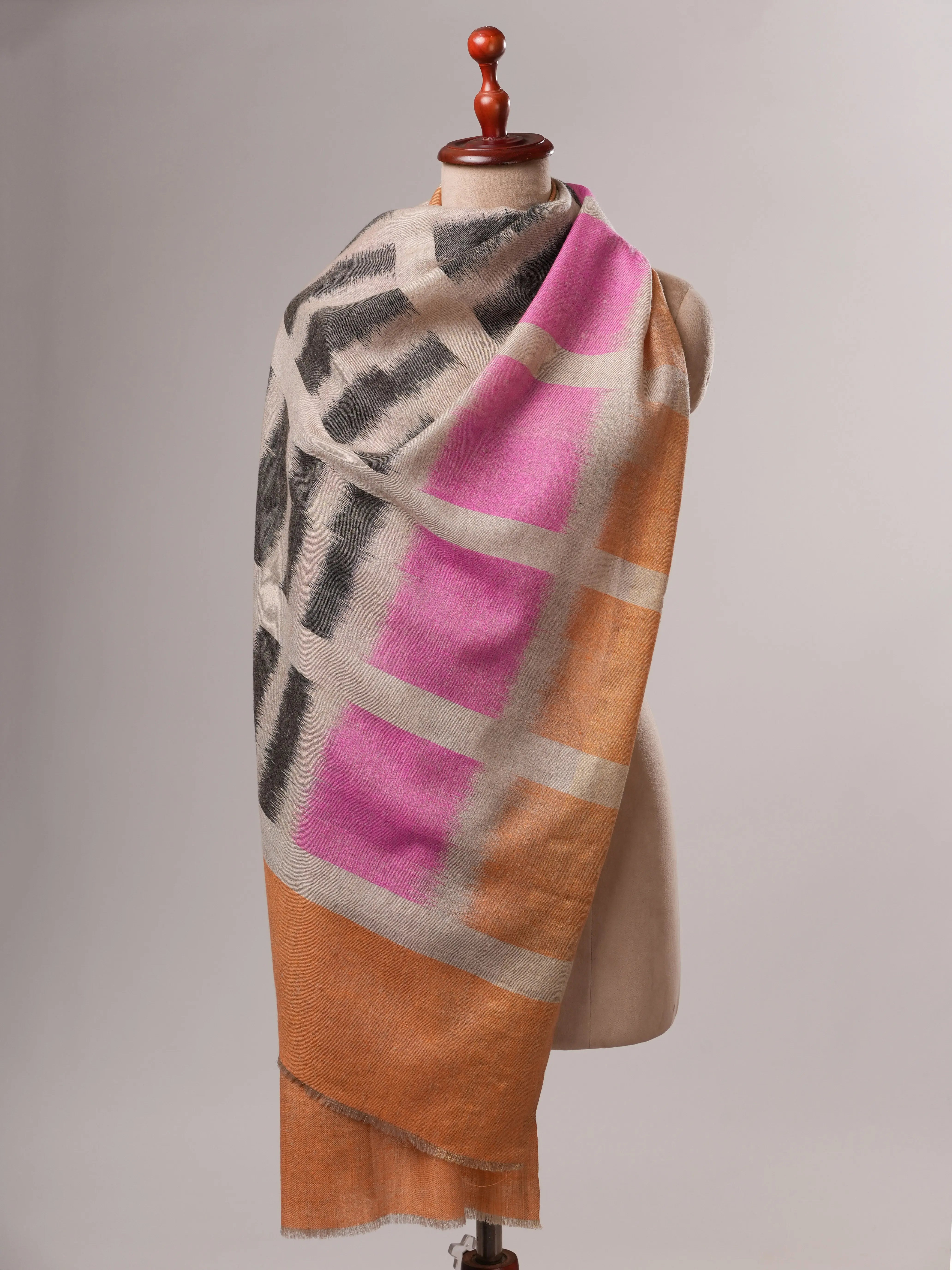 Contemporary Handwoven Himalayan Ikat Pashmina Shawl with Zari Ends - Shahkaar