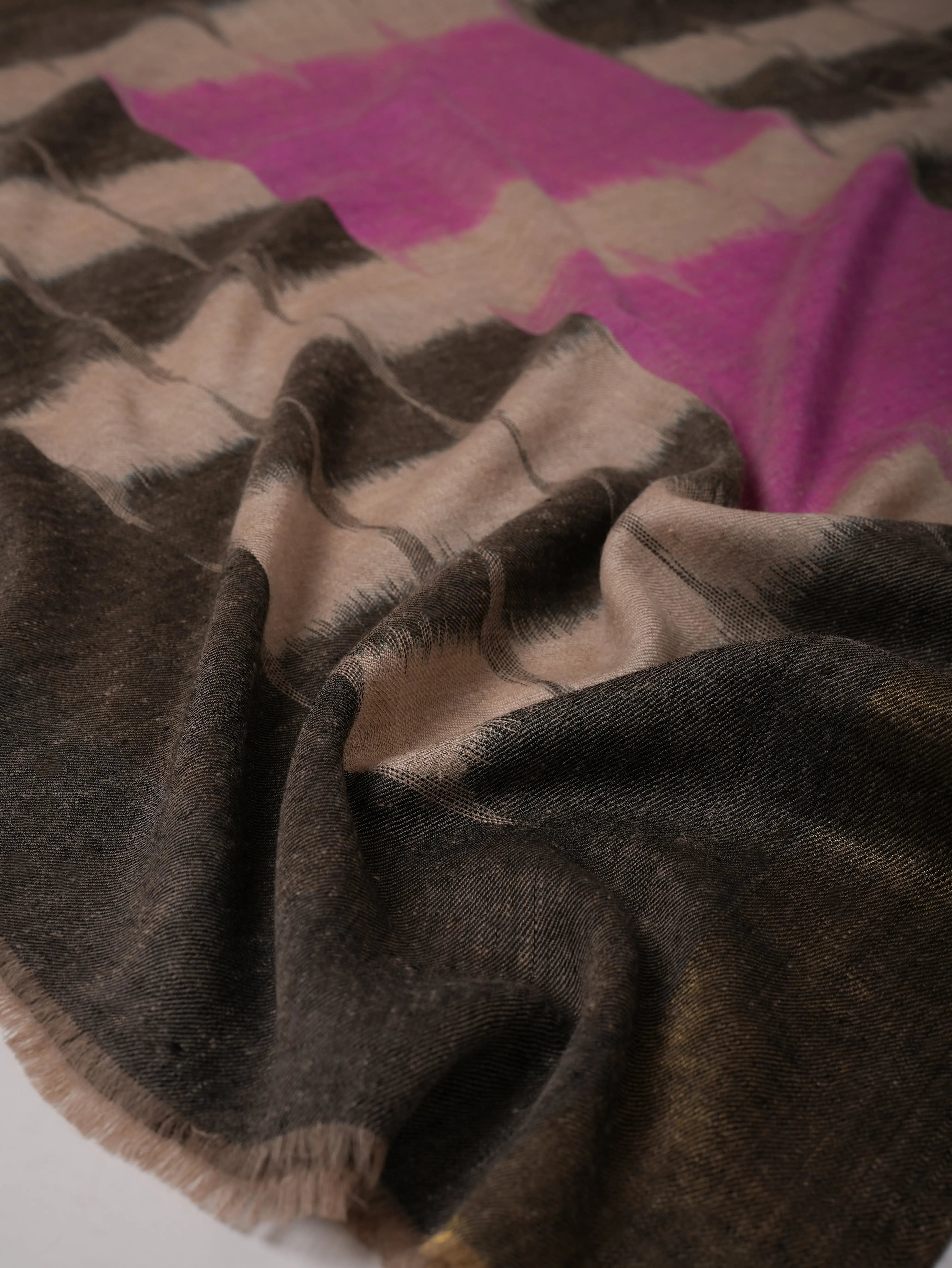 Ikat Handloom Pashmina Shawl in Pink Black with Zari End Detailing Shahkaar