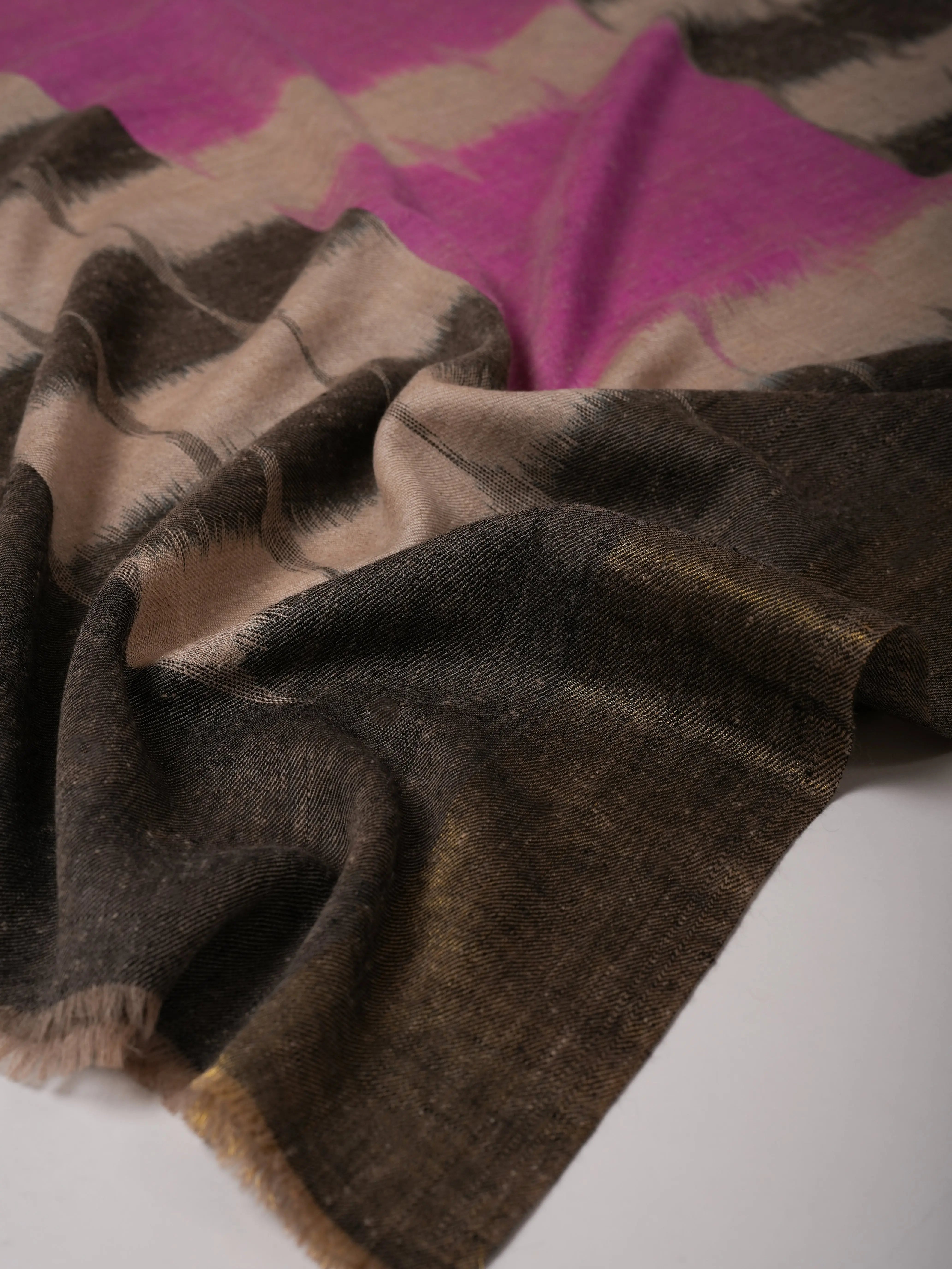 Ikat Handloom Pashmina Shawl in Pink Black with Zari End Detailing Shahkaar