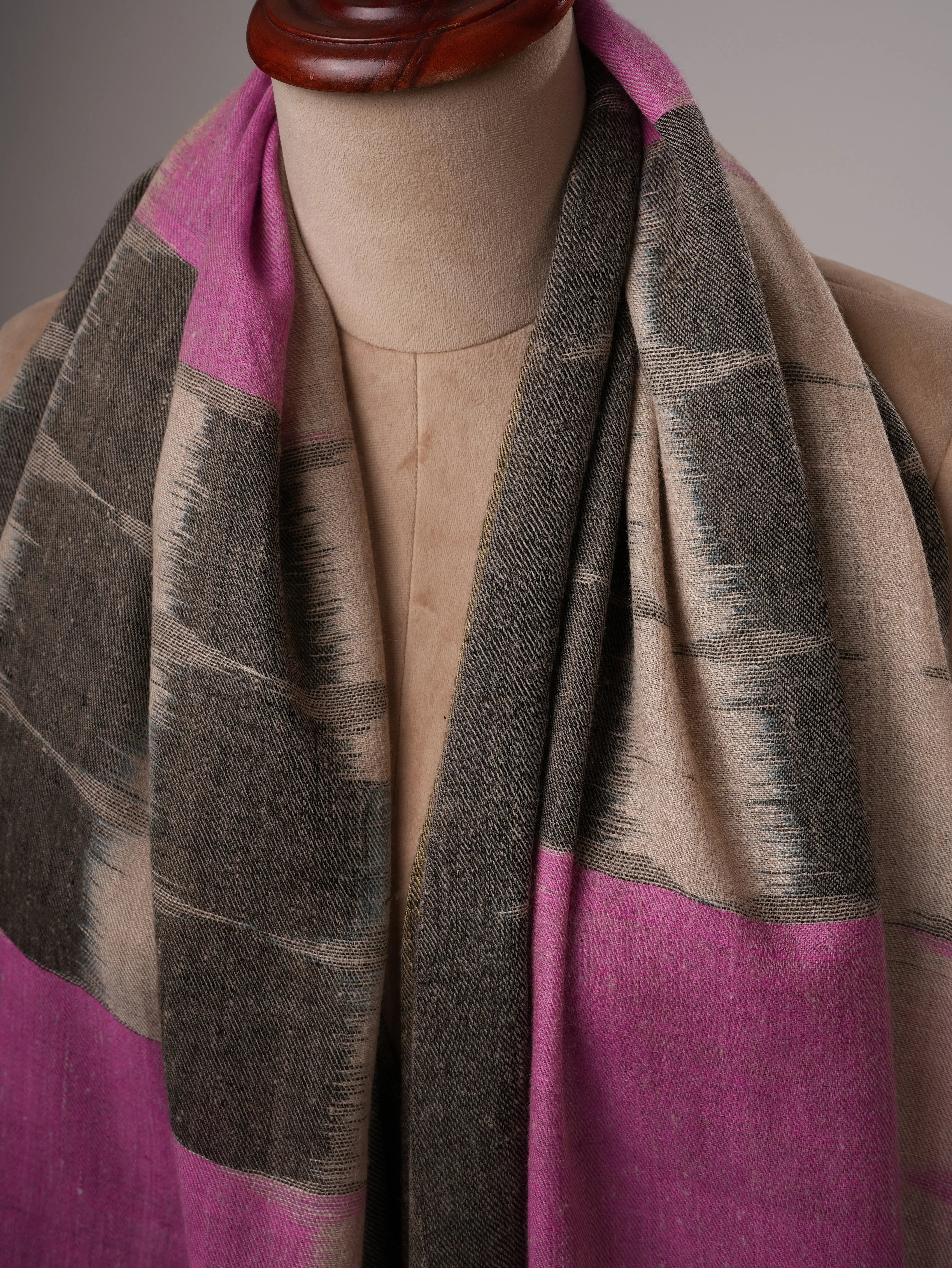 Ikat Handloom Pashmina Shawl in Pink Black with Zari End Detailing Shahkaar
