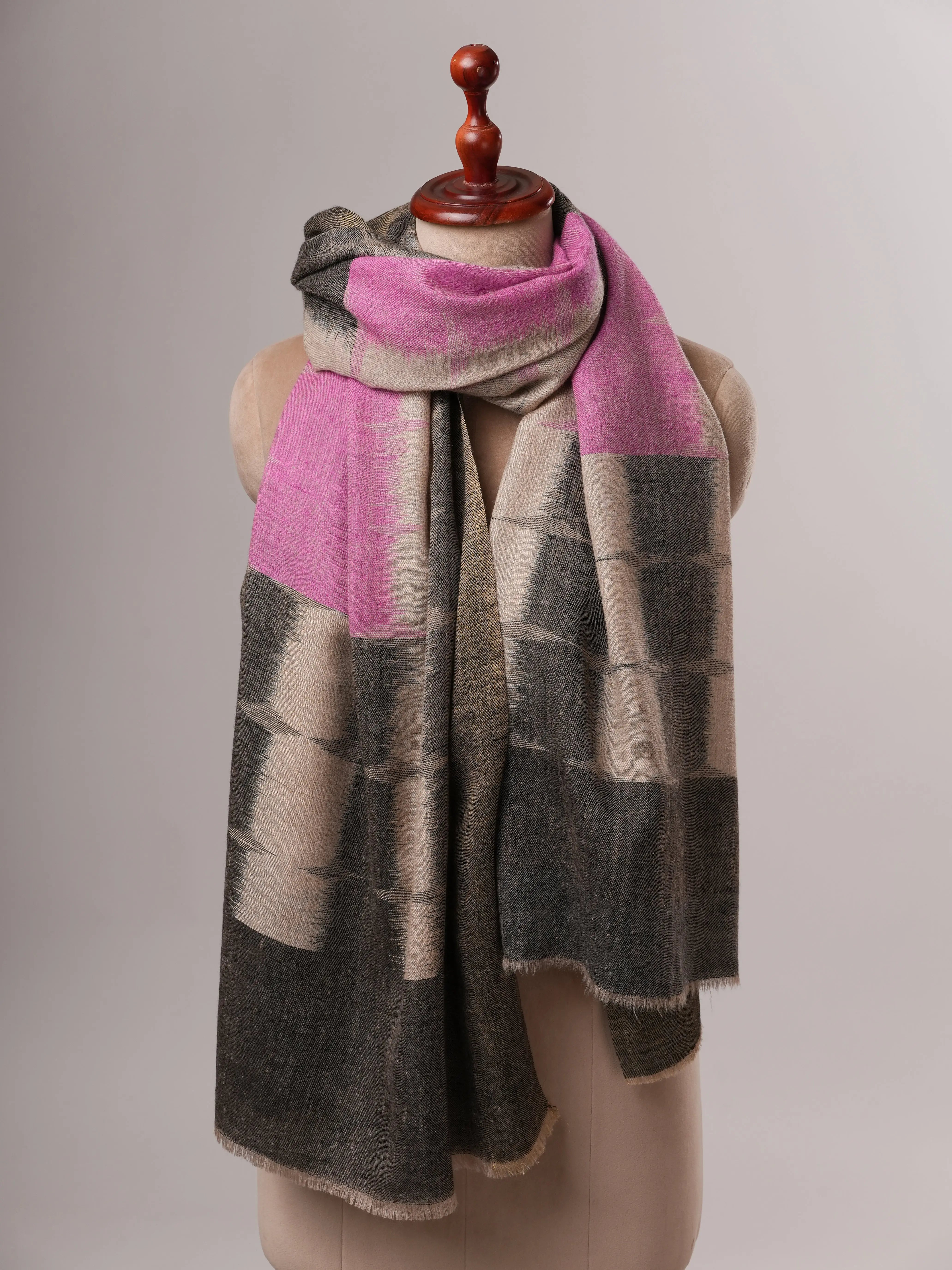 Ikat Handloom Pashmina Shawl in Pink Black with Zari End Detailing Shahkaar