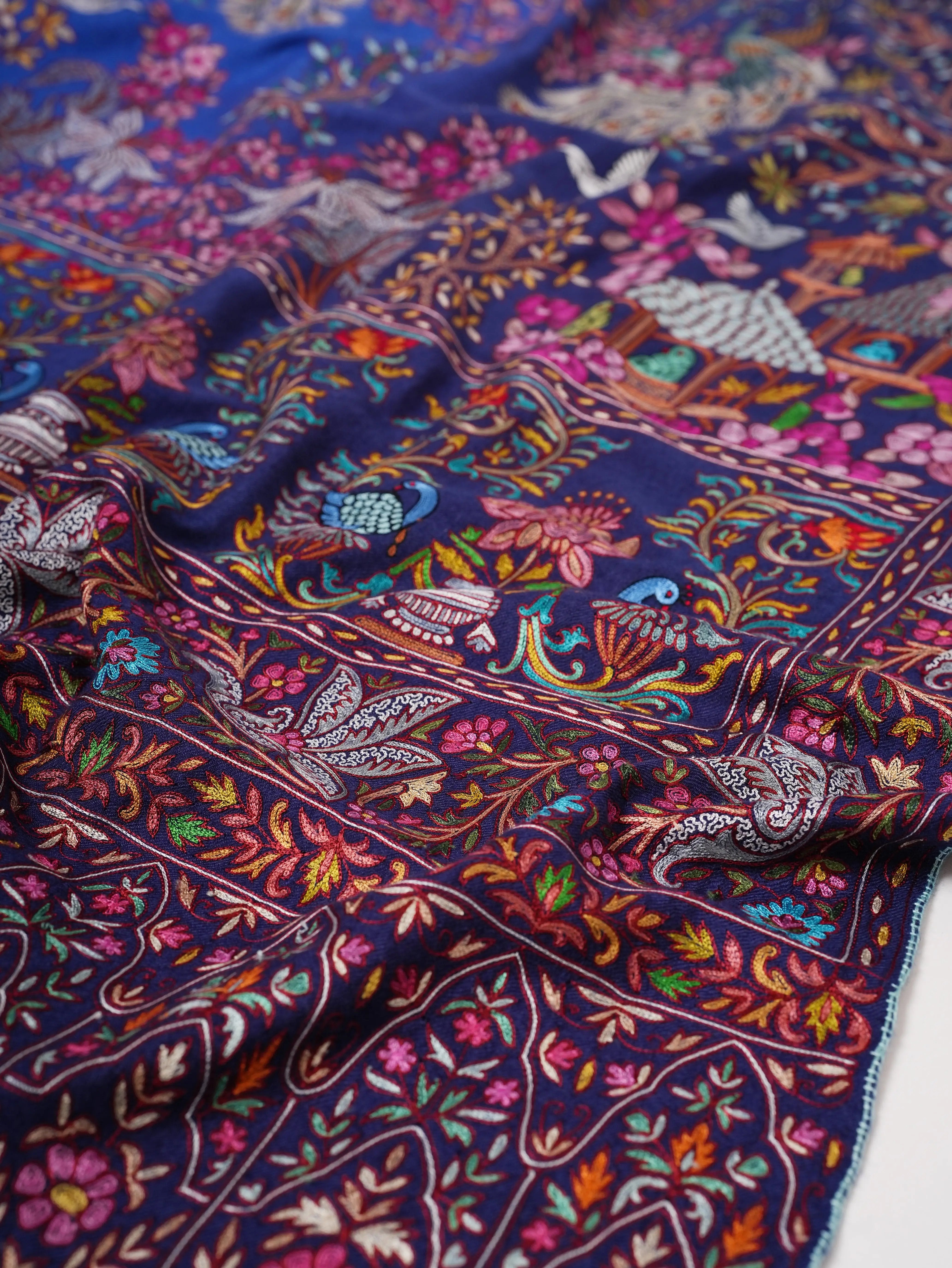 Blue Hand Embroidered Ombré Kashmiri Pashmina Shawl Shahkaar