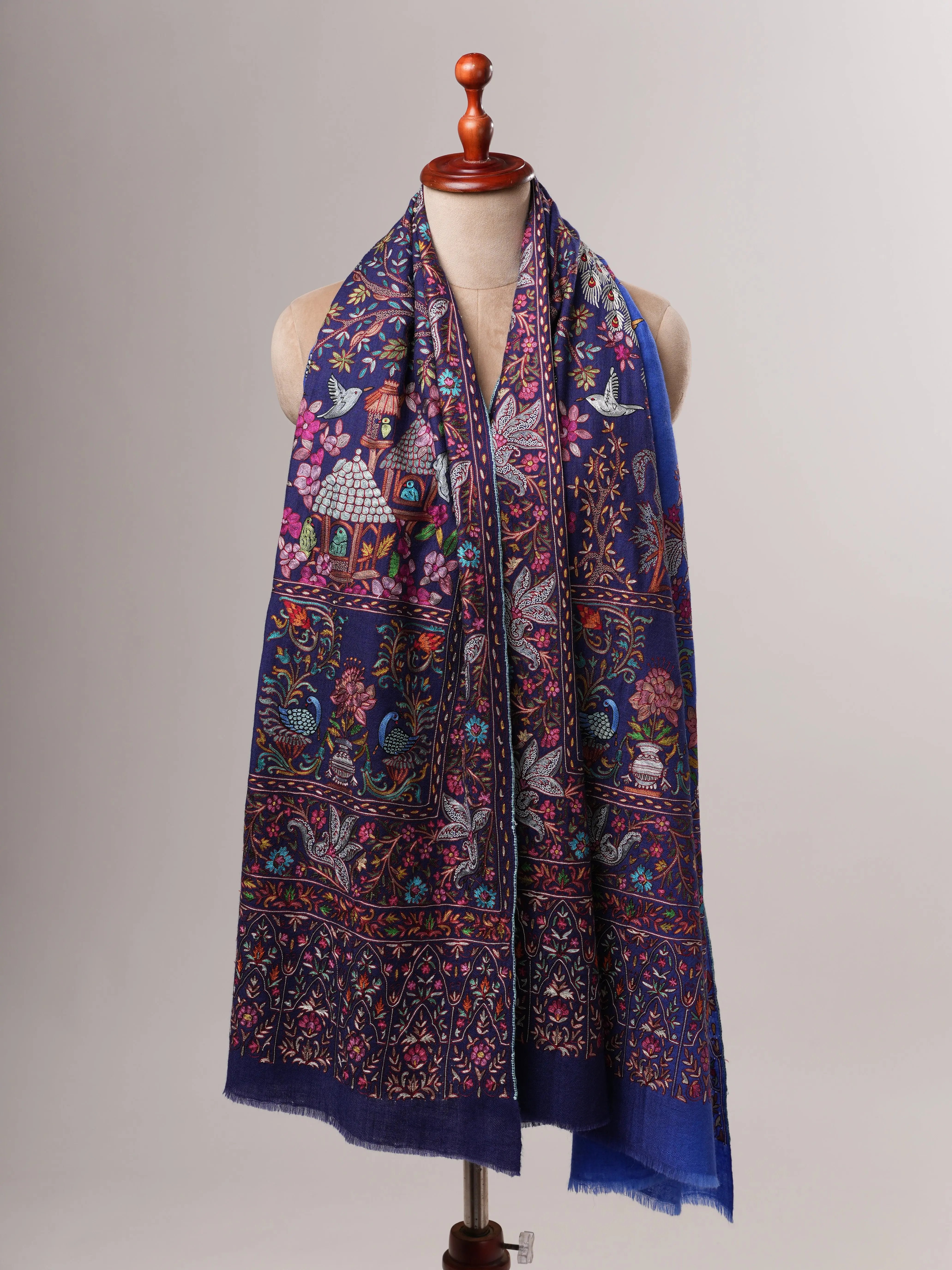 Blue Hand Embroidered Ombré Kashmiri Pashmina Shawl Shahkaar
