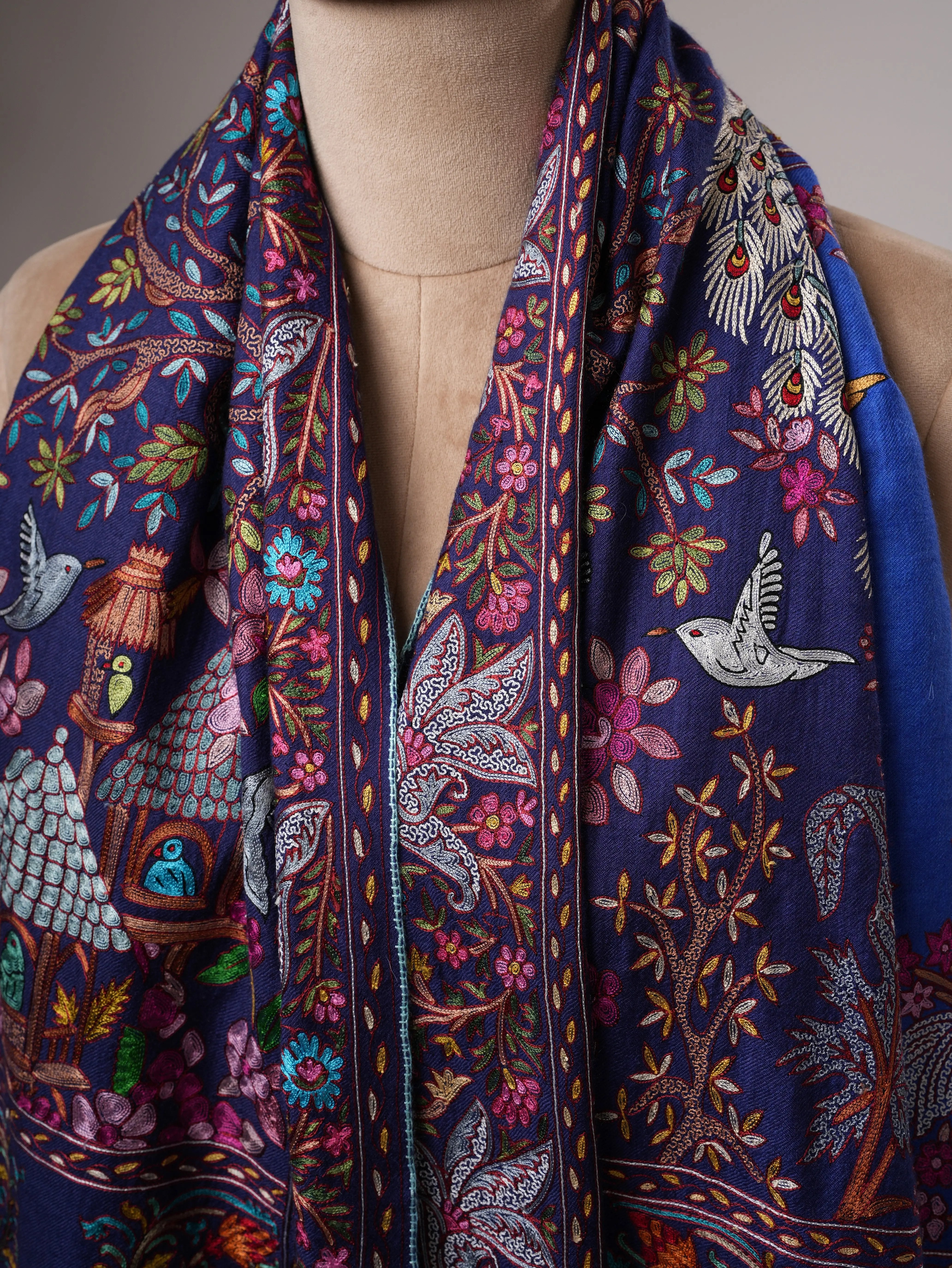 Blue Hand Embroidered Ombré Kashmiri Pashmina Shawl Shahkaar