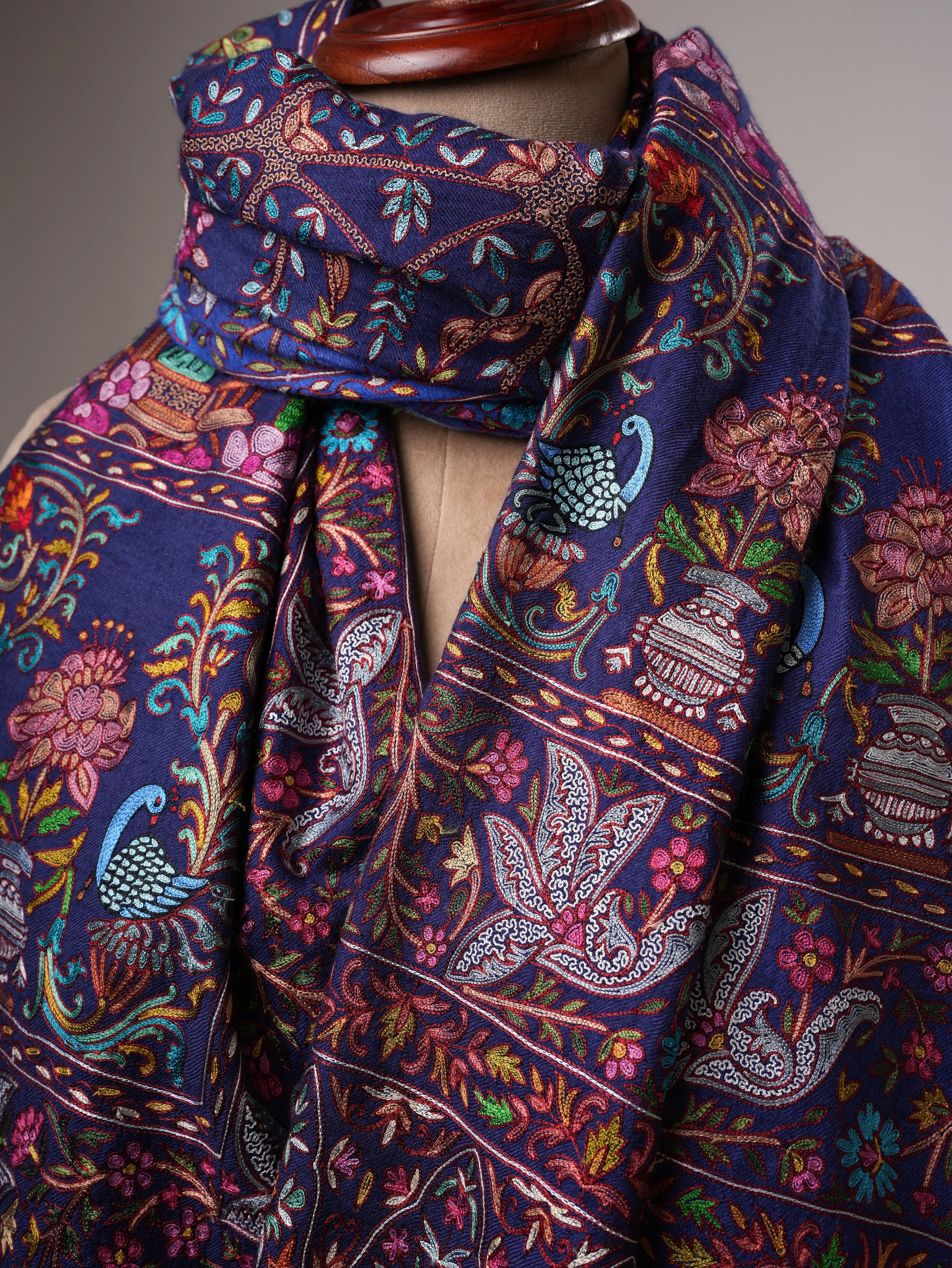 Blue Hand Embroidered Ombré Kashmiri Pashmina Shawl Shahkaar