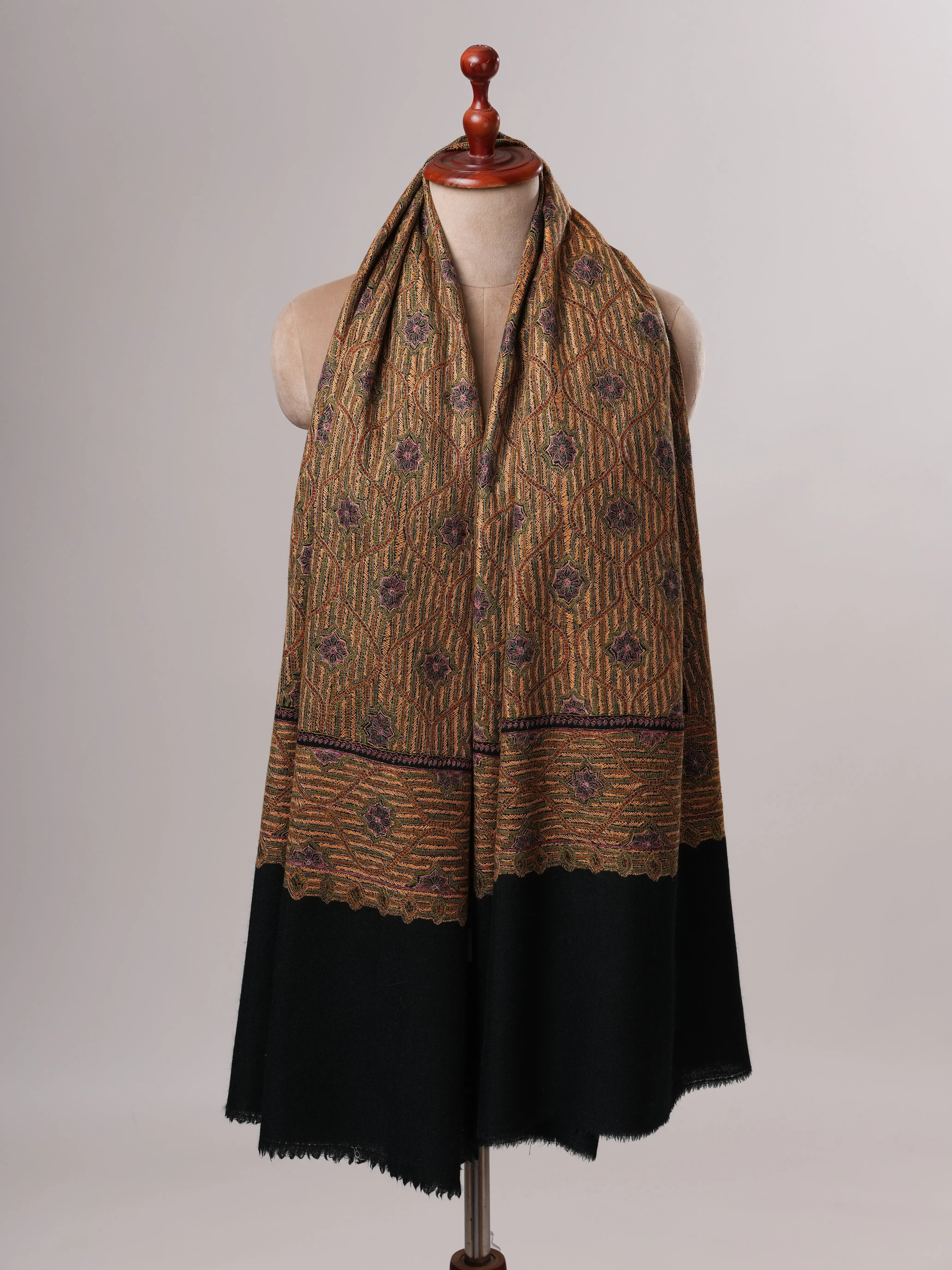Classic Black Fine Wool Shawl with Traditional Jamavar Embroidery Shahkaar