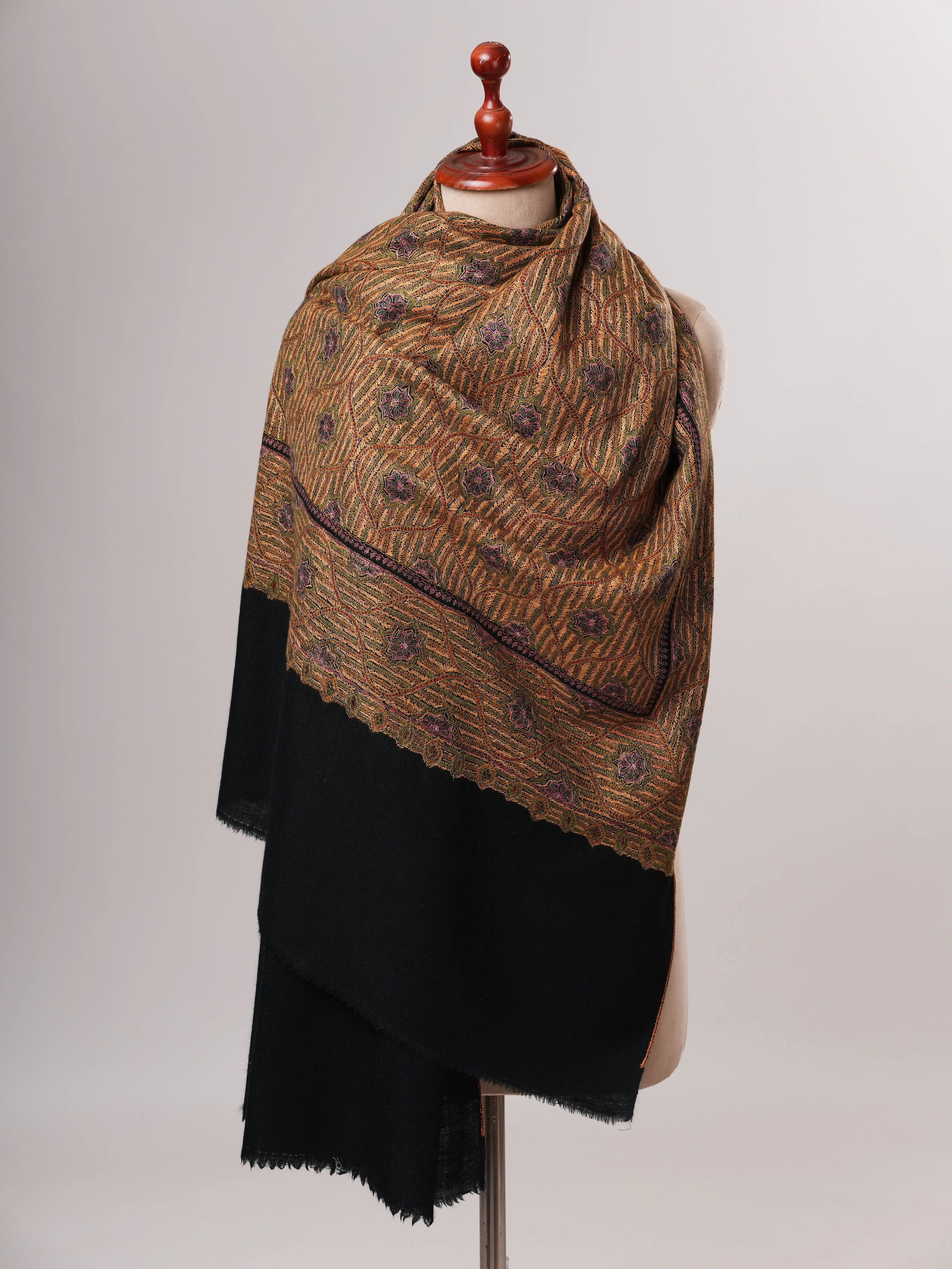 Classic Black Fine Wool Shawl with Traditional Jamavar Embroidery Shahkaar