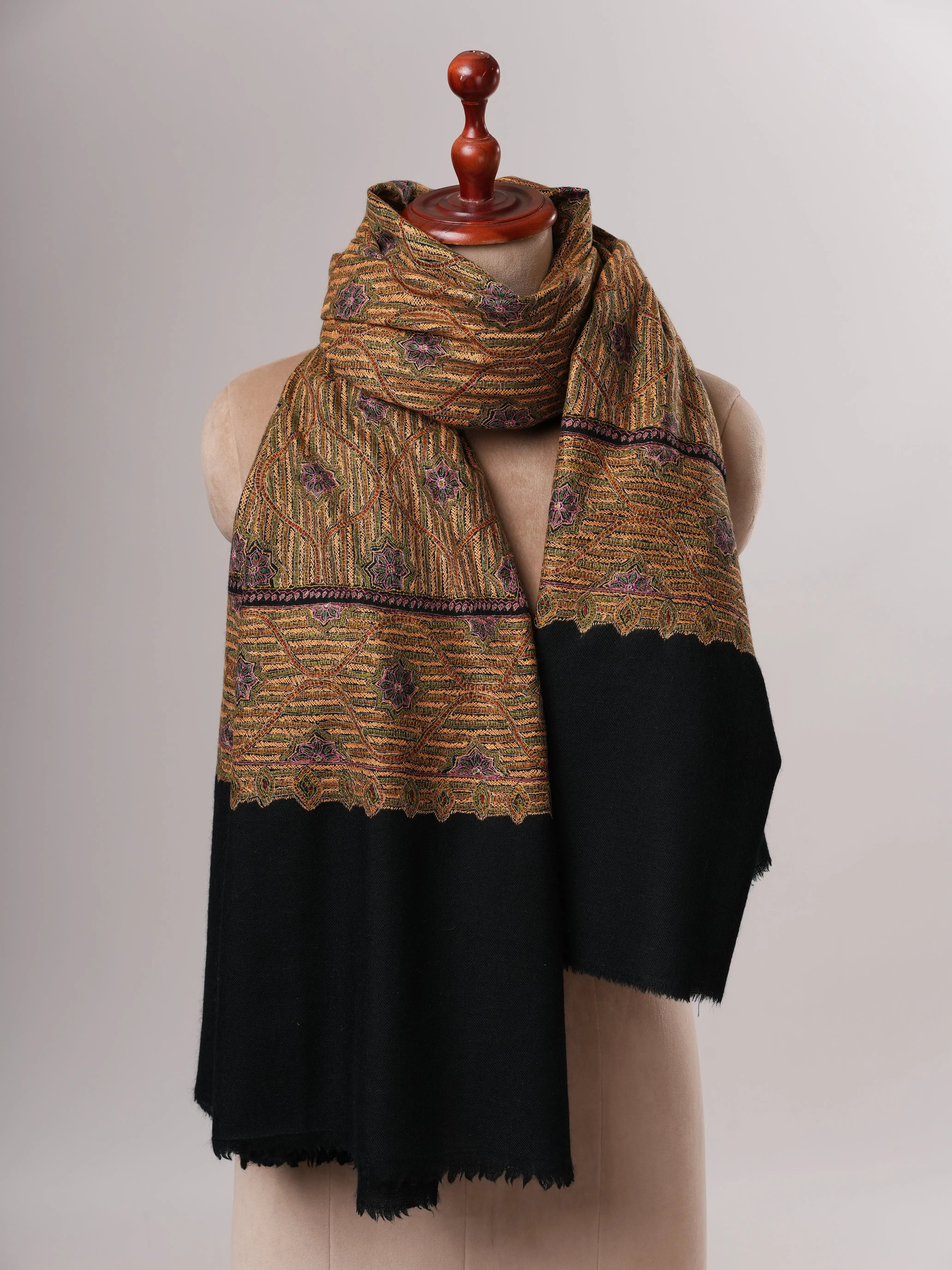 Classic Black Fine Wool Shawl with Traditional Jamavar Embroidery Shahkaar